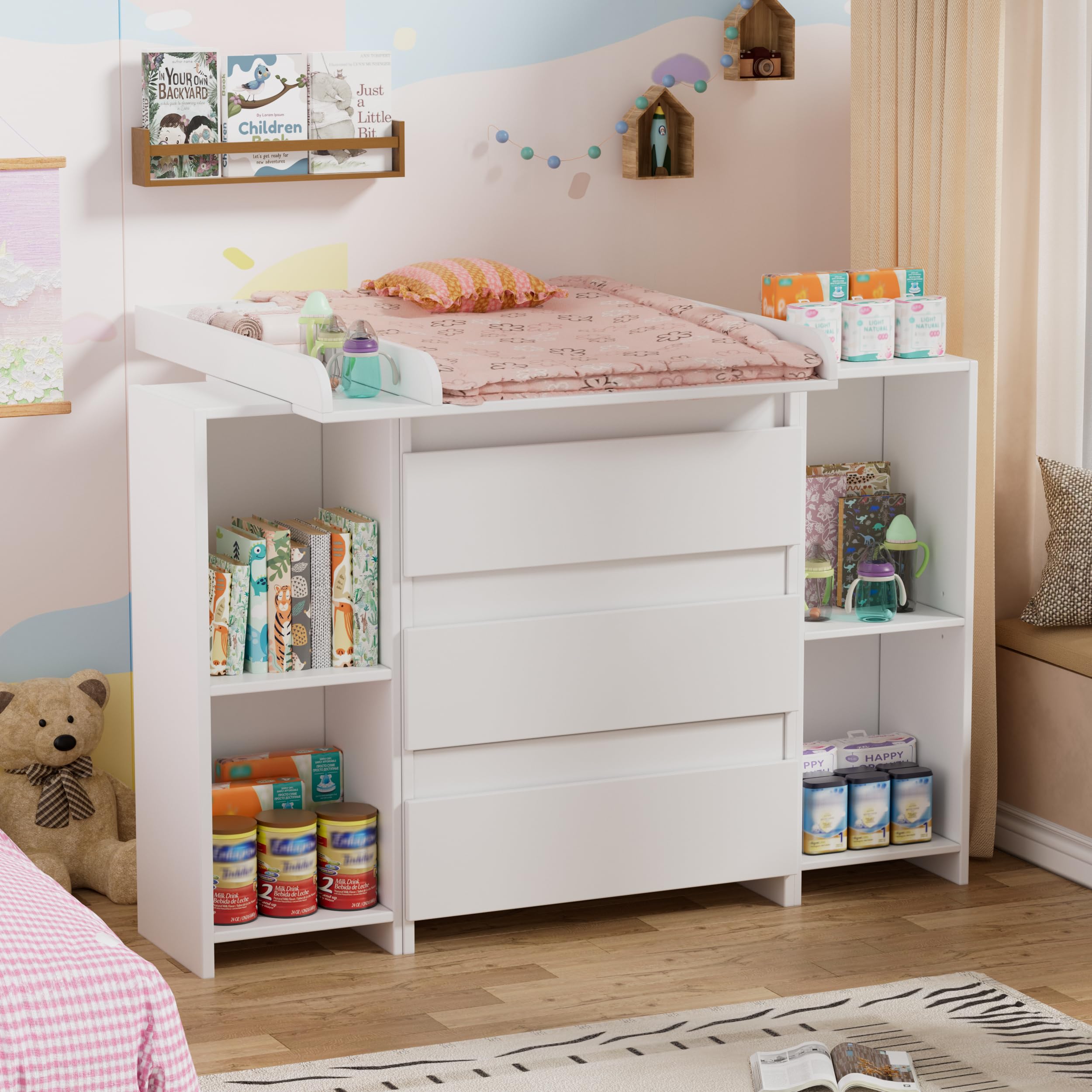 2 en 1 Cambiador Bebe Mueble, Cómoda con Adaptador Cambiador Comoda, Cómoda Cambiador Bebe con 3 Cajones y 6 Compartimentos, Moderno 73x70x78 cm/ 113x32x70 cm- Blanco