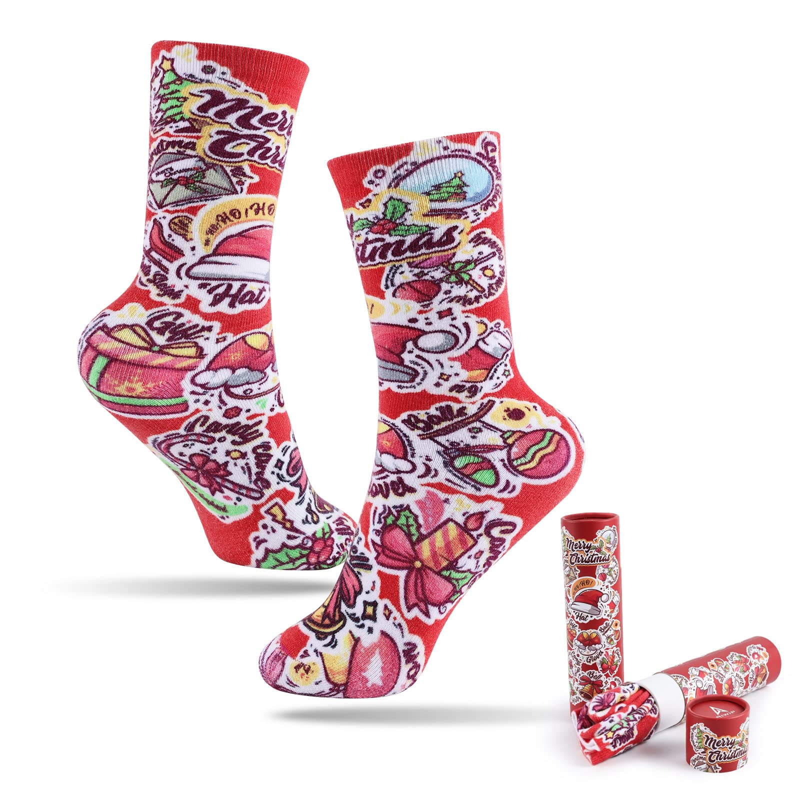 qiwipFancy Christmas Crew Socks for Women & Men - Printed, Fun, Colorful Festive Xmas Holiday Socks - Soft, Thick, Breathable - Novelty Patterned Socks With Festive Gift Packaging