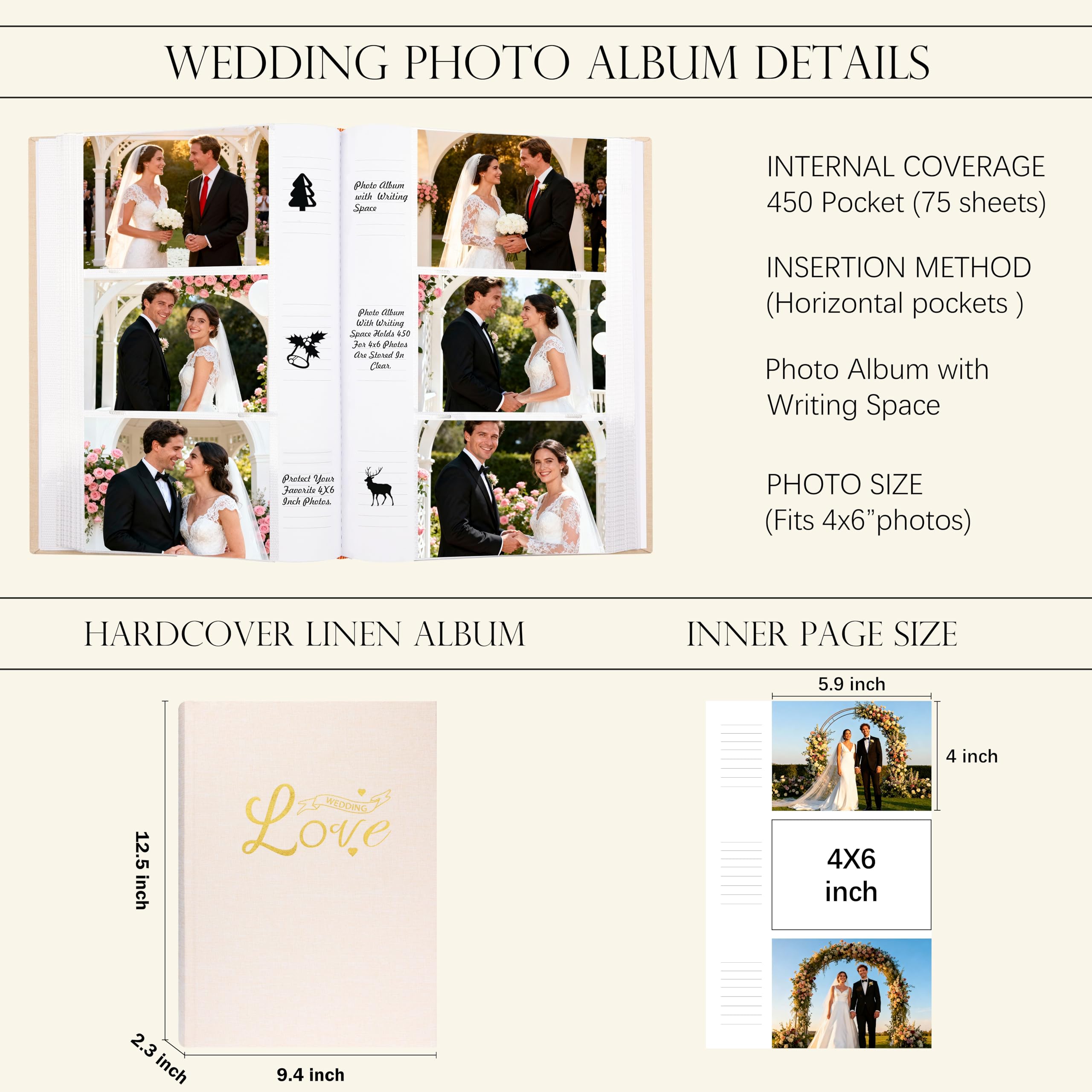 Album photo de mariage avec 450 pochettes pour photos horizontales – Album photo en lin pour souvenirs de mariage personnalisés, 10 x 15 cm (beige)