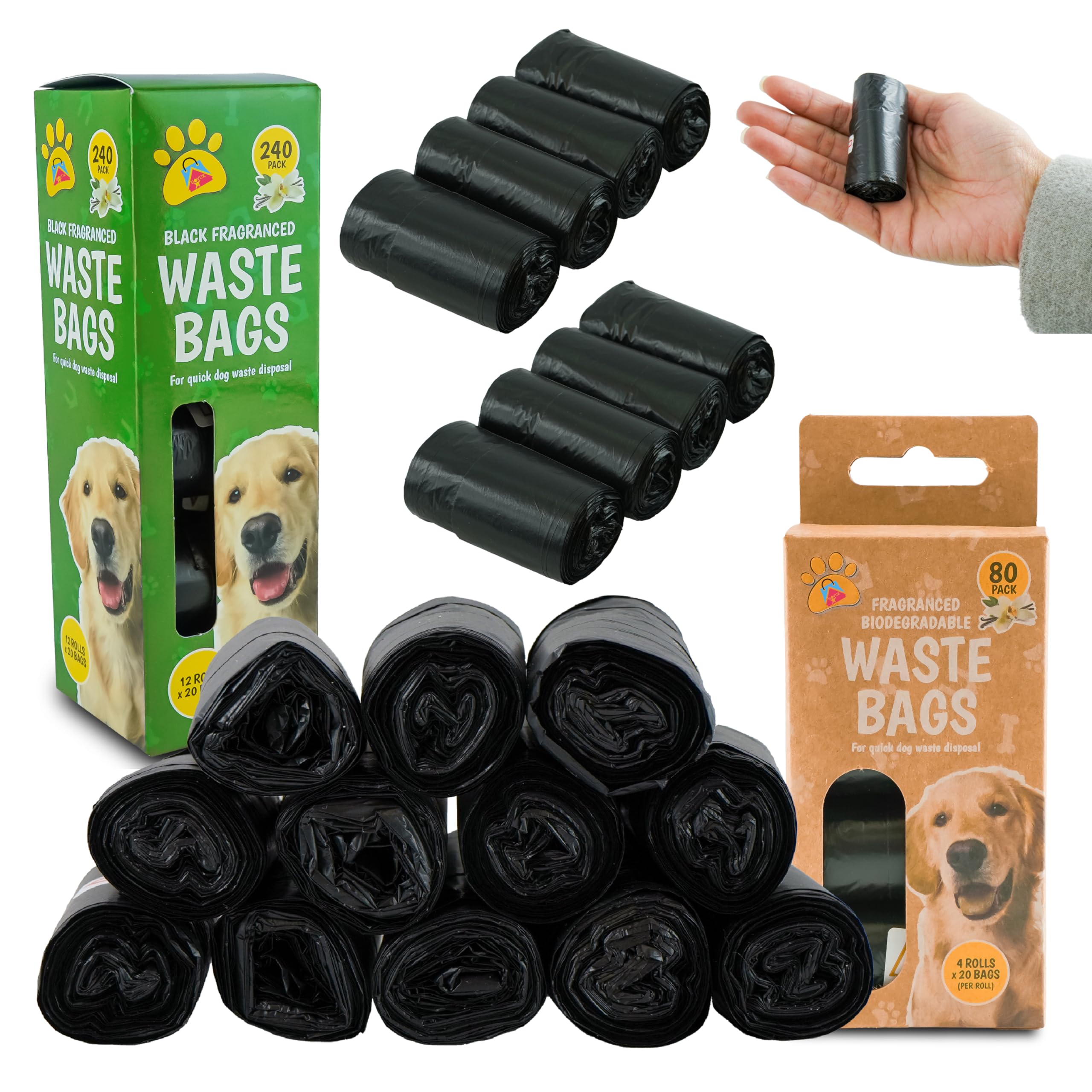 Paquete de 640 bolsas gruesas perfumadas para caca de perros, gatos, bolsas negras a prueba de fugas, rollos de caca de perro, bolsas biodegradables fuertes para eliminación de basura