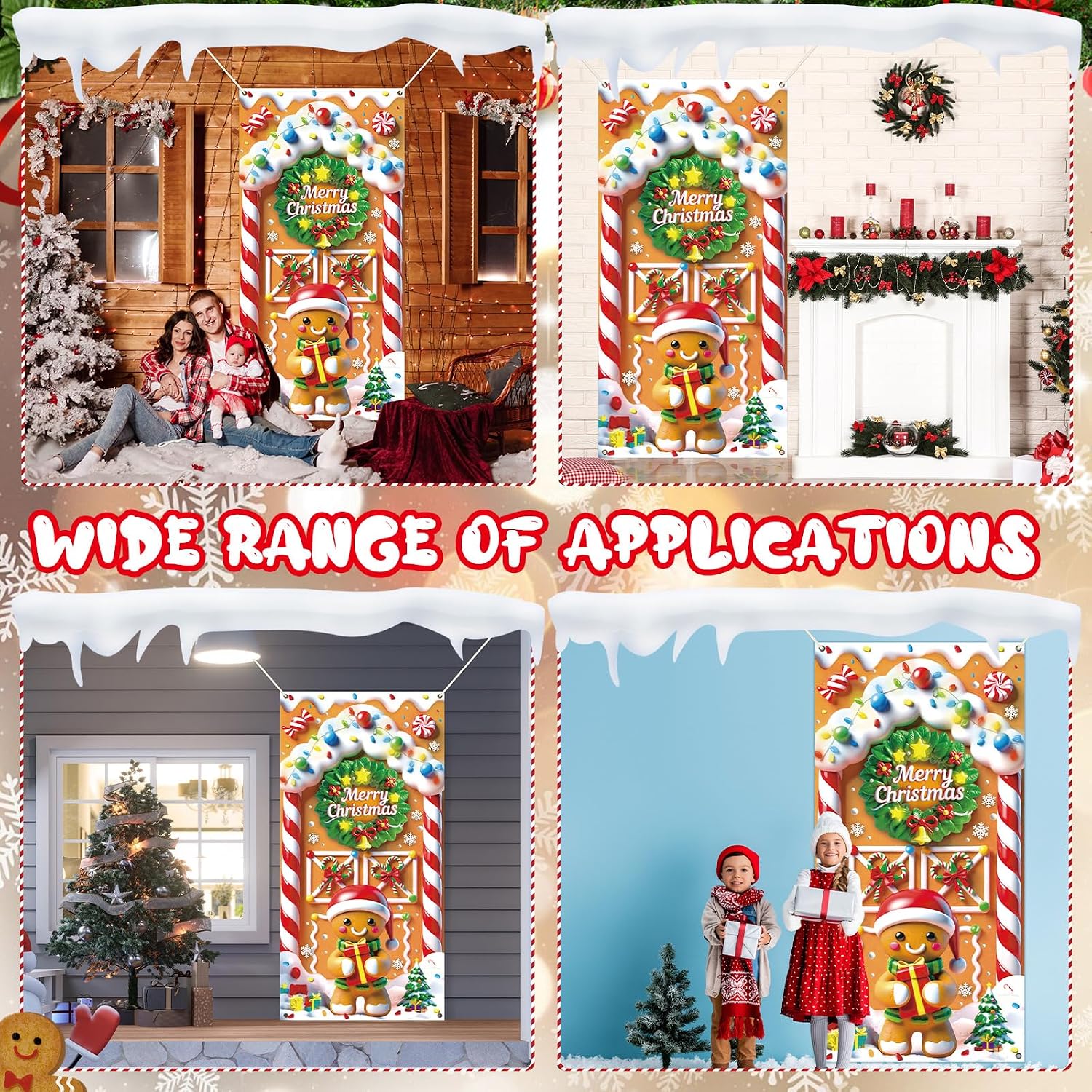 Christmas Gingerbread House Door Cover Decorations Gingerbread House Hanging Banner Candy Cane Wreath Door Banner for Xmas Holiday Candyland Party Backdrop Front Doors Decor 71x35 Inch