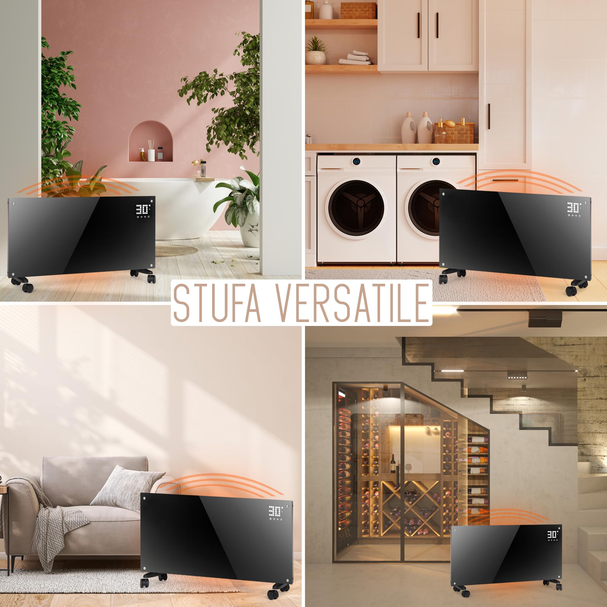 Stufa Elettrica Basso Consumo 2000W (Modalità ECO 1000W), Termoconvettore con Ruote + Montaggio a Parete, Vetro Temperato, Display Touch + Timer + Telecomando, Stufetta con Termostato, Nero