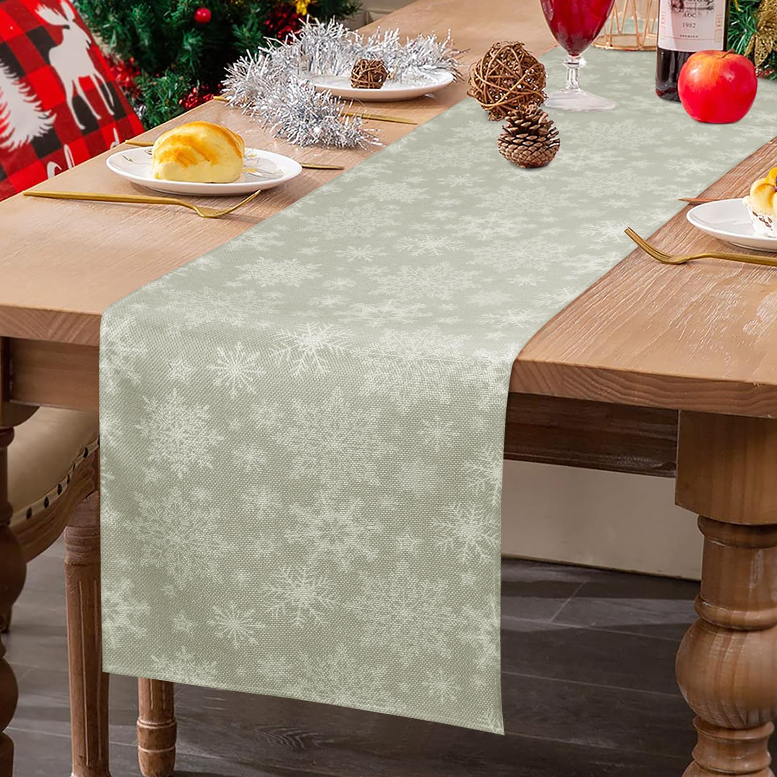 Kiiwah Camino de Mesa Navideño, Camino de Mesa de Lino Camino de Mesa Navideño Lavable Camino de Mesa con Copos de Nieve para Invierno Mesa de Comedor Decoracion Party Navidad (33 x 183 cm)