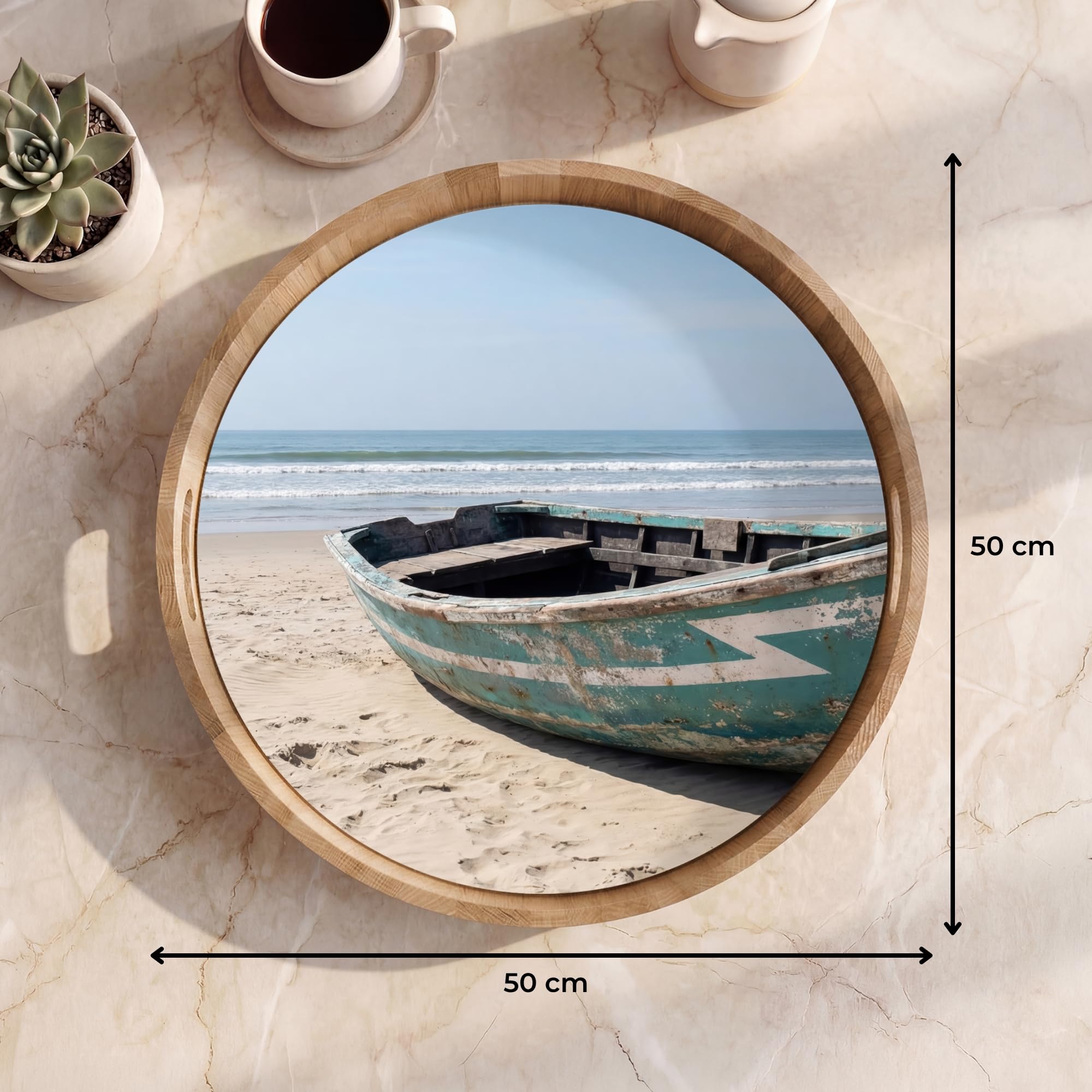 Bandeja Madera De Roble Redonda 50x50 cm Bandejas Desayuno para Servir Comida Cocina Resistente Al Calor Cafe Tray Tabuleiro Barco - Playa Arena - Mar