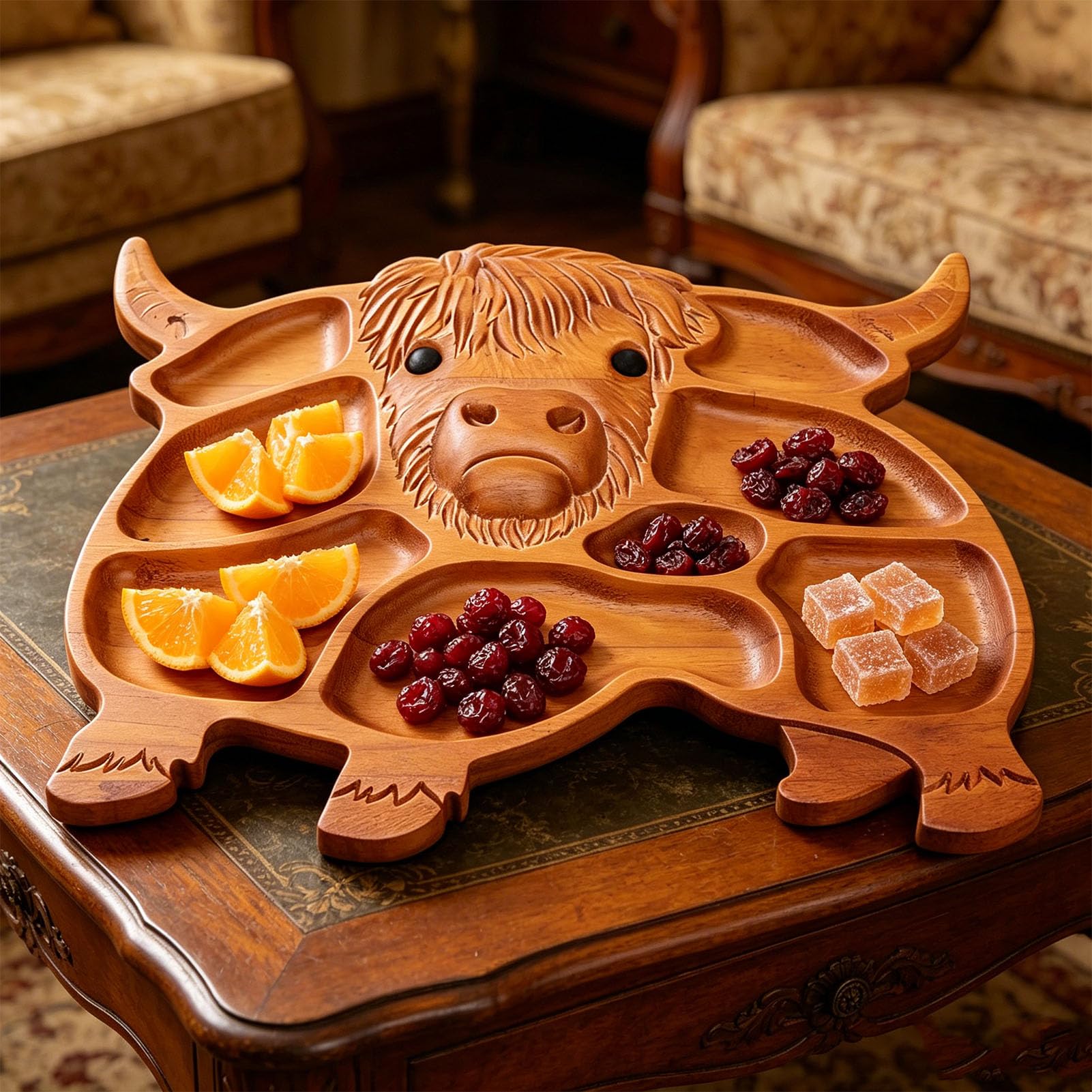 SIXRUN Tabla de Embutidos, Fuente de Madera de Pino para Servir Vaca con Detalles Tallados a Mano, Compartimentos Divididos, 11,8 X 13 X 1,0 Pulgadas para Mesa de Fiesta de Refrigerios de Frutas,