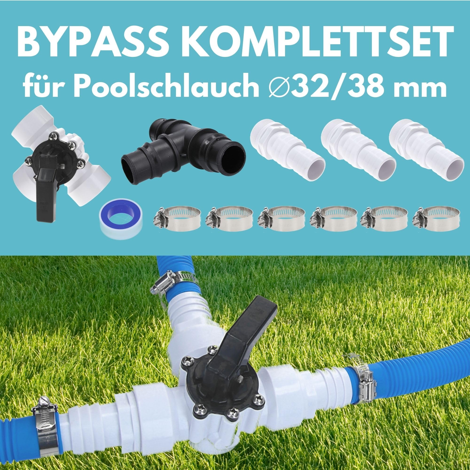 Amapool Bypass Set Pool 38mm – Komplettset für Poolheizung & Sandfilteranlage mit 3-Wege-Ventil, Anschlussset für Poolzubehör & Schlauch 32/38mm, Poolheizung