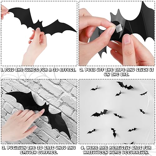 Miniatura 4 de 14 sombreros de bruja negros de Halloween con 32 piezas de calcomanías de murciélagos 3D para decoración de pared y cuerda colgante de 328 pies para