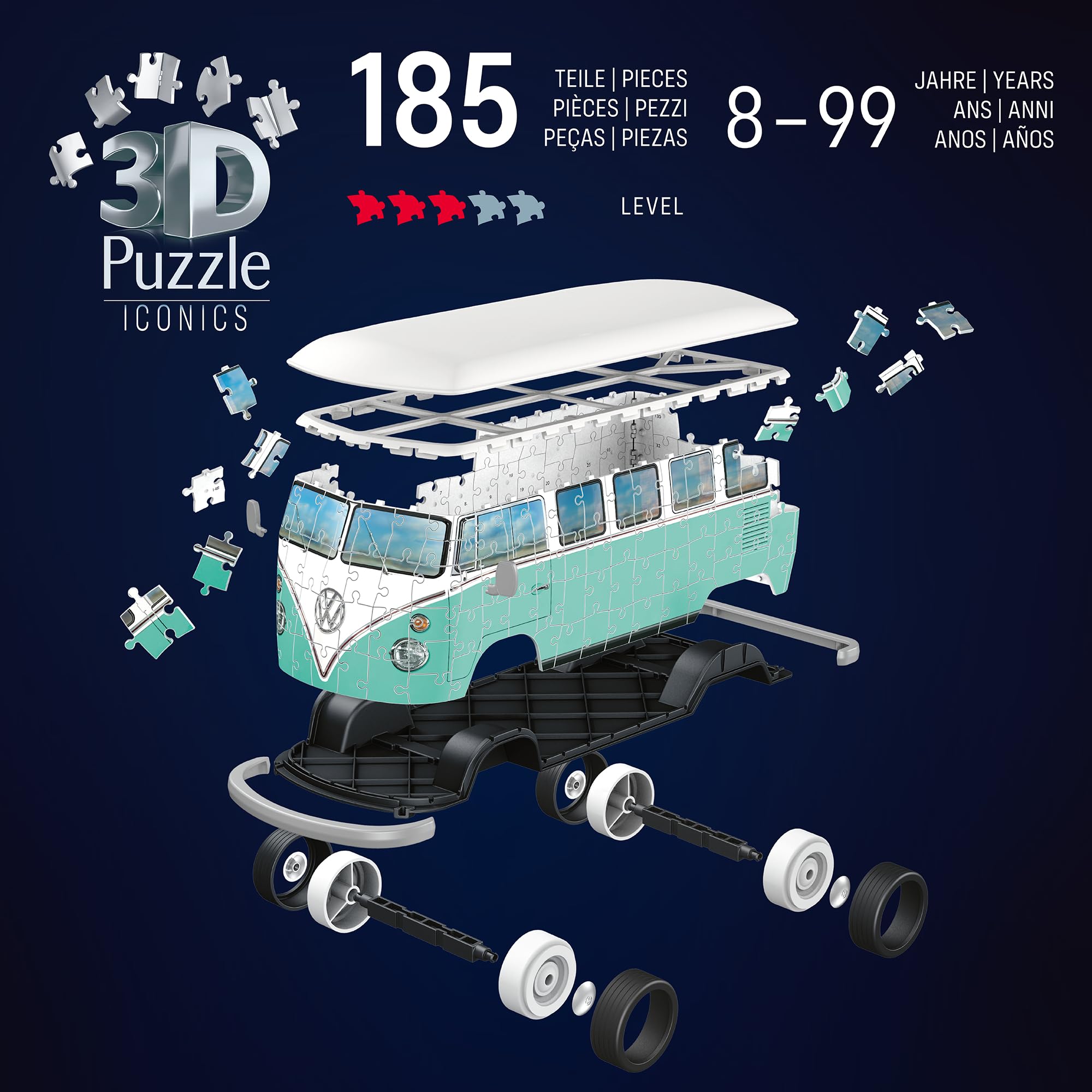 Ravensburger 3D Puzzle Iconics: 12008035 Volkswagen T1 - Eine echte Ikone der Automobilgeschichte. Der VW Bulli im Modell-Format