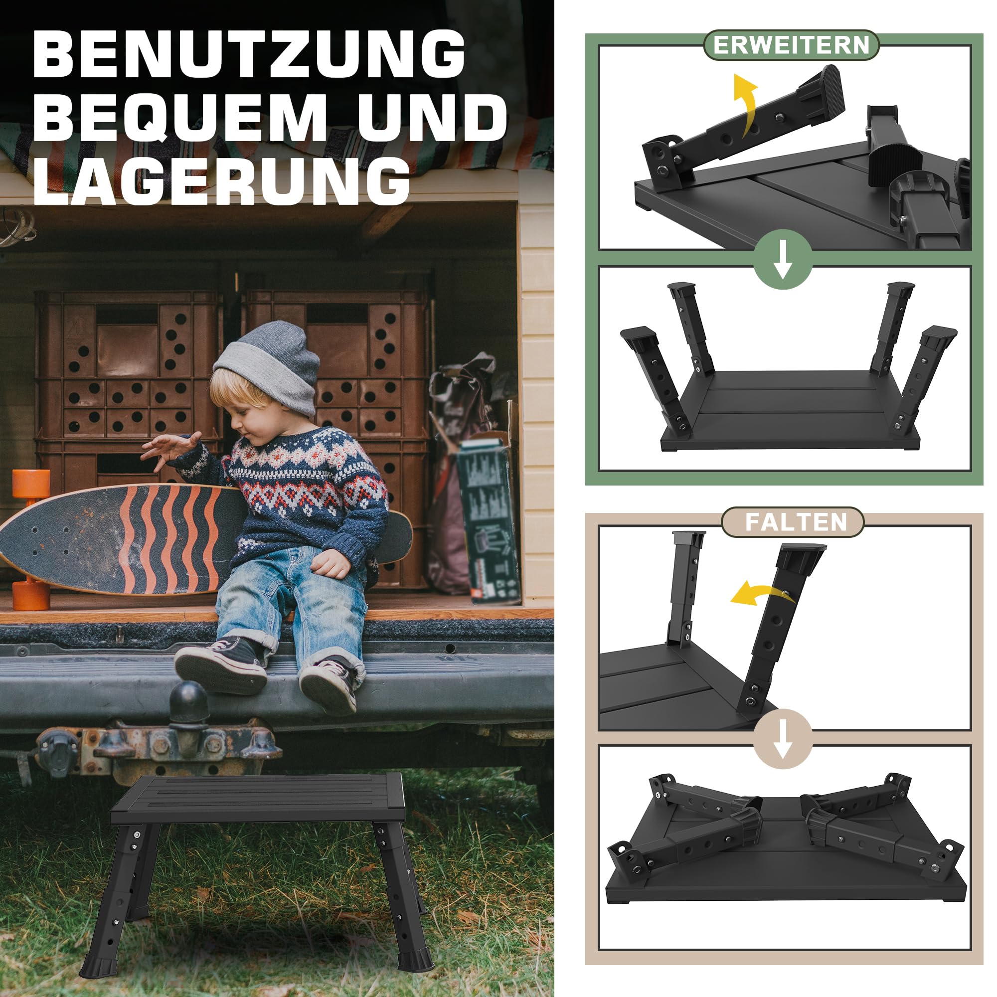 Escalón plegable de aluminio, soporta 300 kg, taburete de altura ajustable en 3 niveles, amplia superficie antideslizante, para caravanas, jardín y escaleras de perros, ligero y plegable (negro
