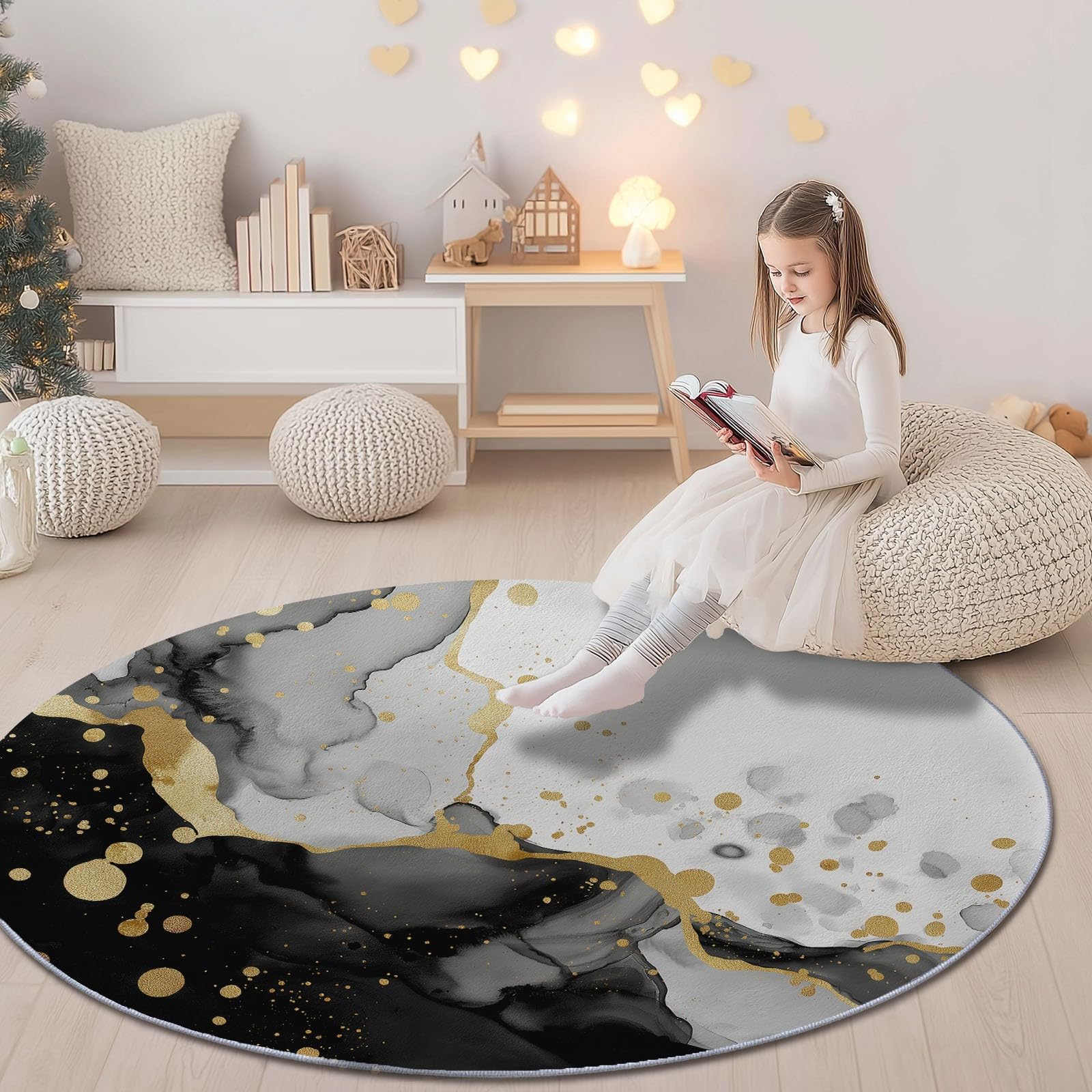 Generisch Teppich Rund Modern rutschfest Waschbar Schlafzimmer Teppiche, Innenbereich Einfache Marmorstreifen Runder Teppich fürs Wohnzimmer Flur Kinderzimmer Büro, 120 cm, Schwarz Weiß