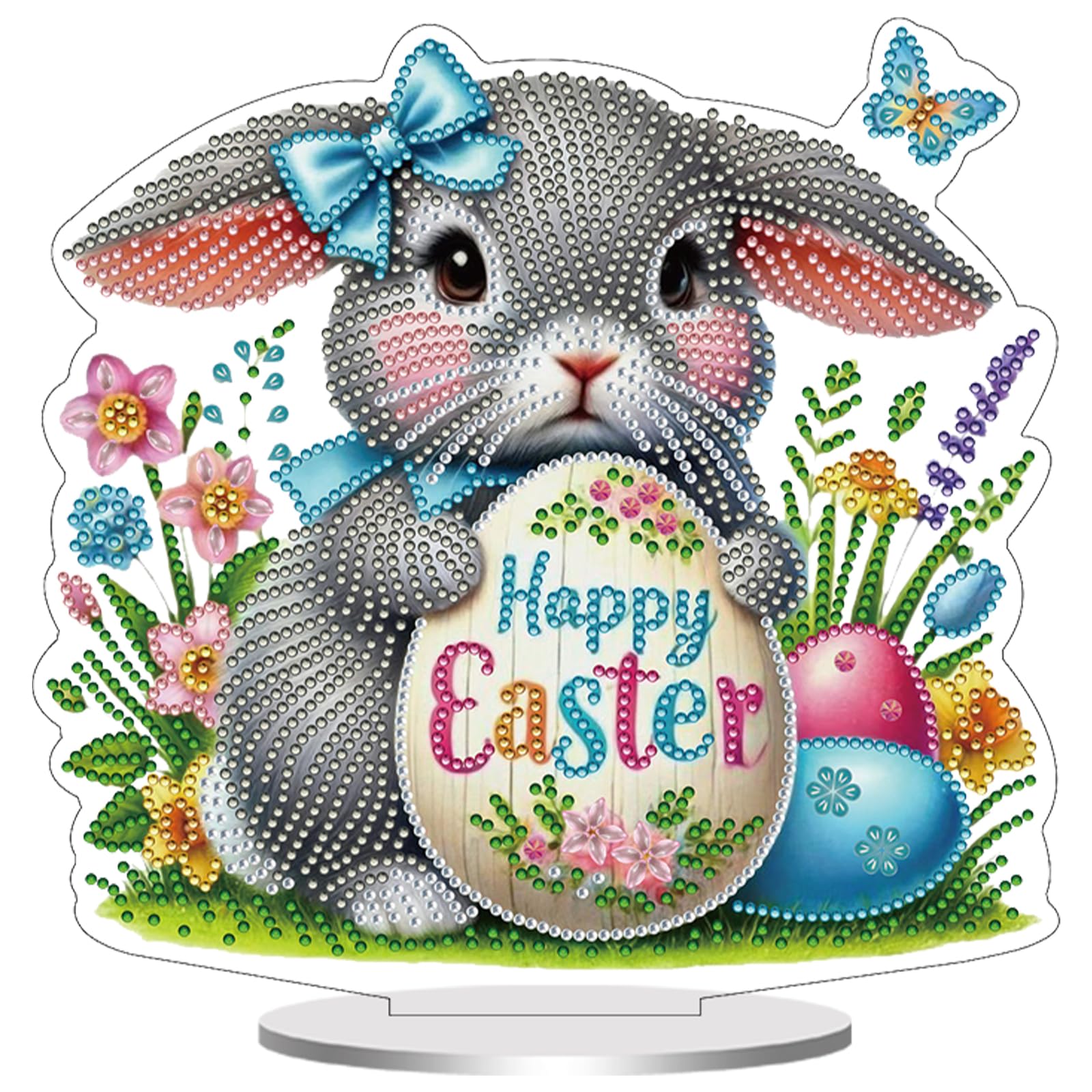 Easter Diamond Art Tabletop Kit, PET Diamond Art Painting Desktop Ornament with Stand, Special Shape Gem Craft Decor for Adults Beginners, Holiday Gift(Happy Easter Bunny Egg Flower)