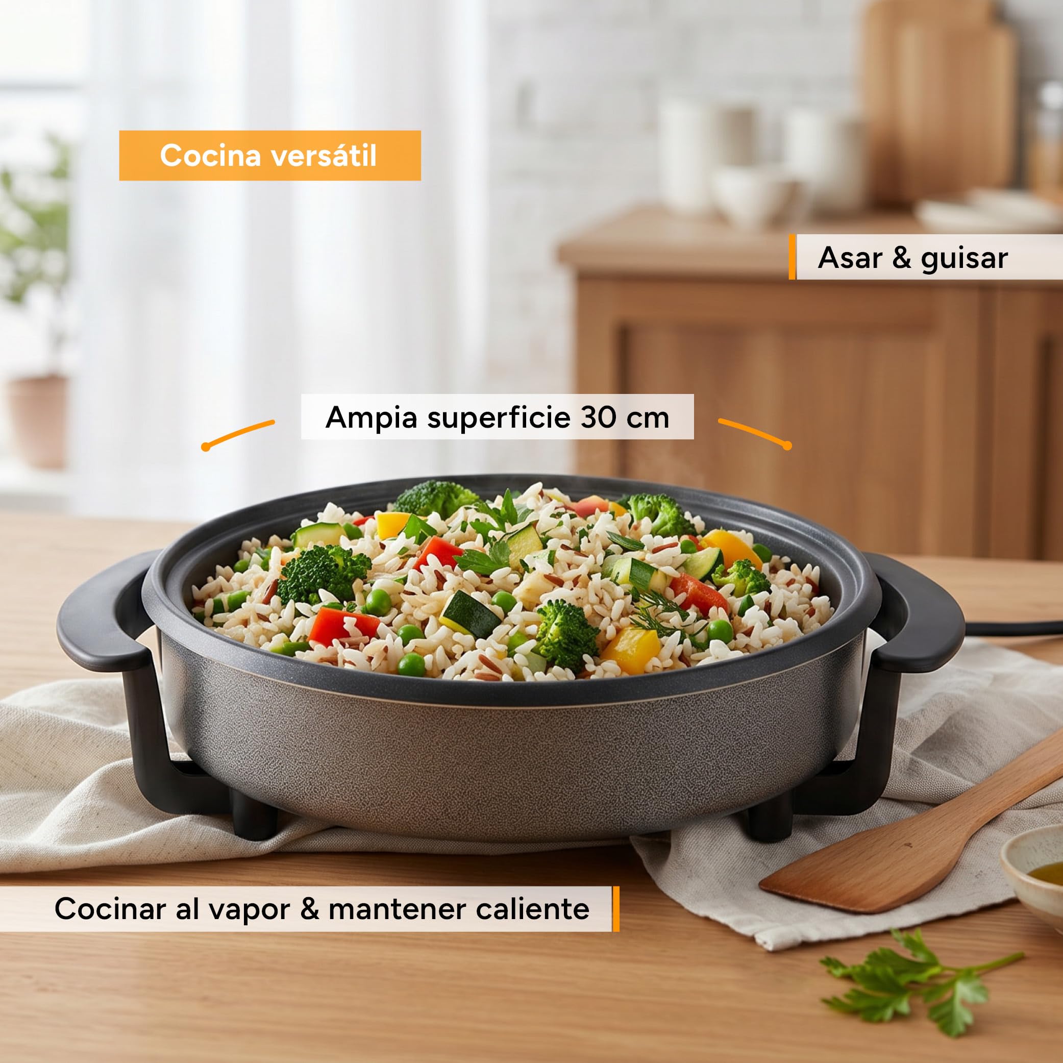 TZS First Austria - Paellera Eléctrica 1,8L - 1500W - 5 Niveles de Temperatura - Termostato, Tapa de Cristal y Antiadherente - Ø30cm Sartén Eléctrica Multifunción hasta 240°C - Gris