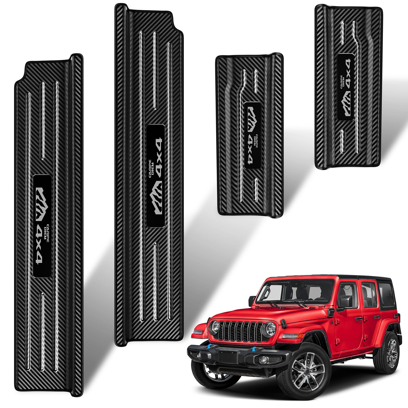 4PCS Door Sill Guards for Jeep Wrangler 2018-2025 2026 JL JLU &amp; 2020-2026 Gladiator JT Accessories Stainless Steel Door Sill Protector Unlimited Sport Sahara Rubicon 4 Door (Carbon Fiber)
