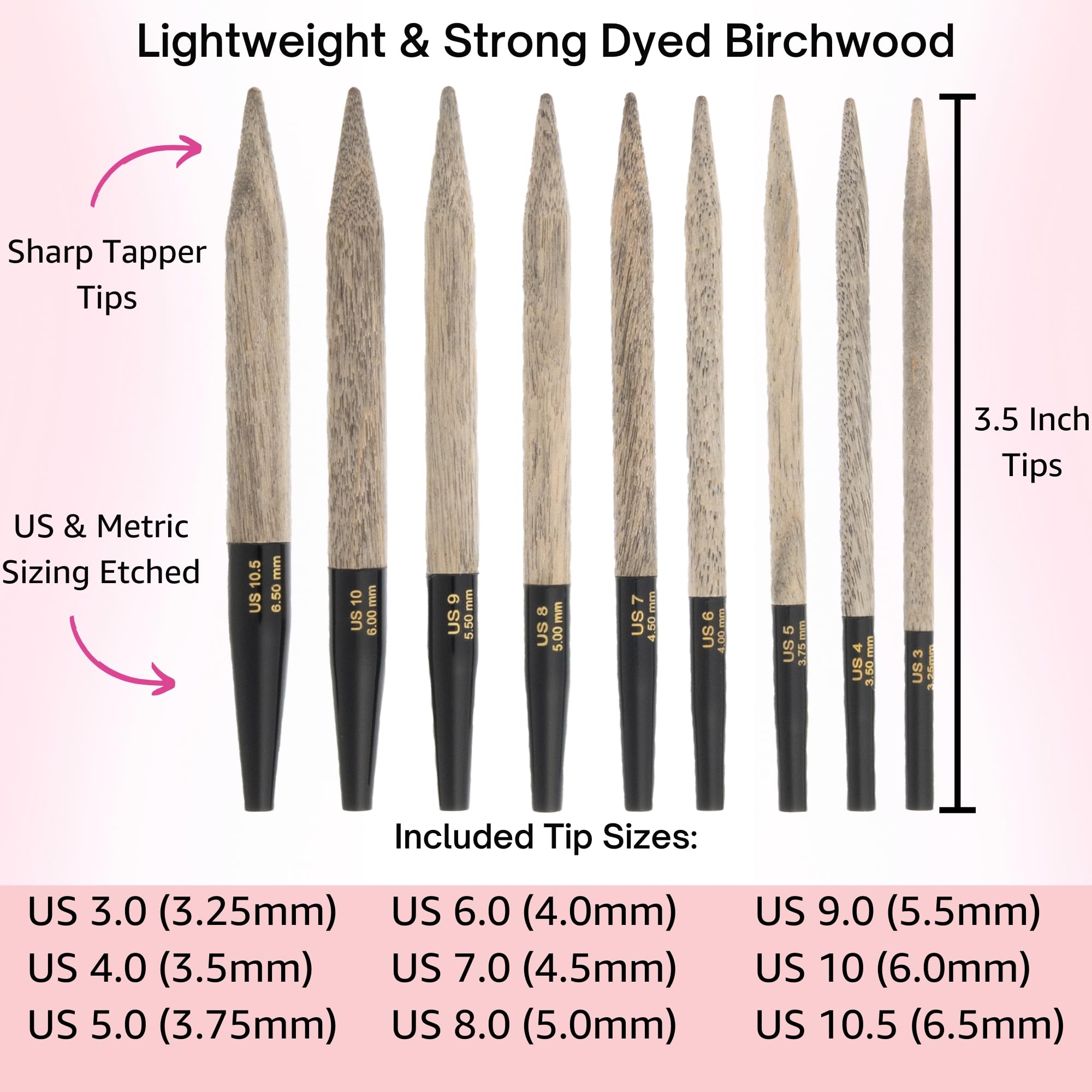 Lykke Stricknadeln, rund, bar, Treibholz, 9 cm lang, inkl. Artsiga Crafts Project Tasche 3.5-inch-(9cm)-Tip-Set grau