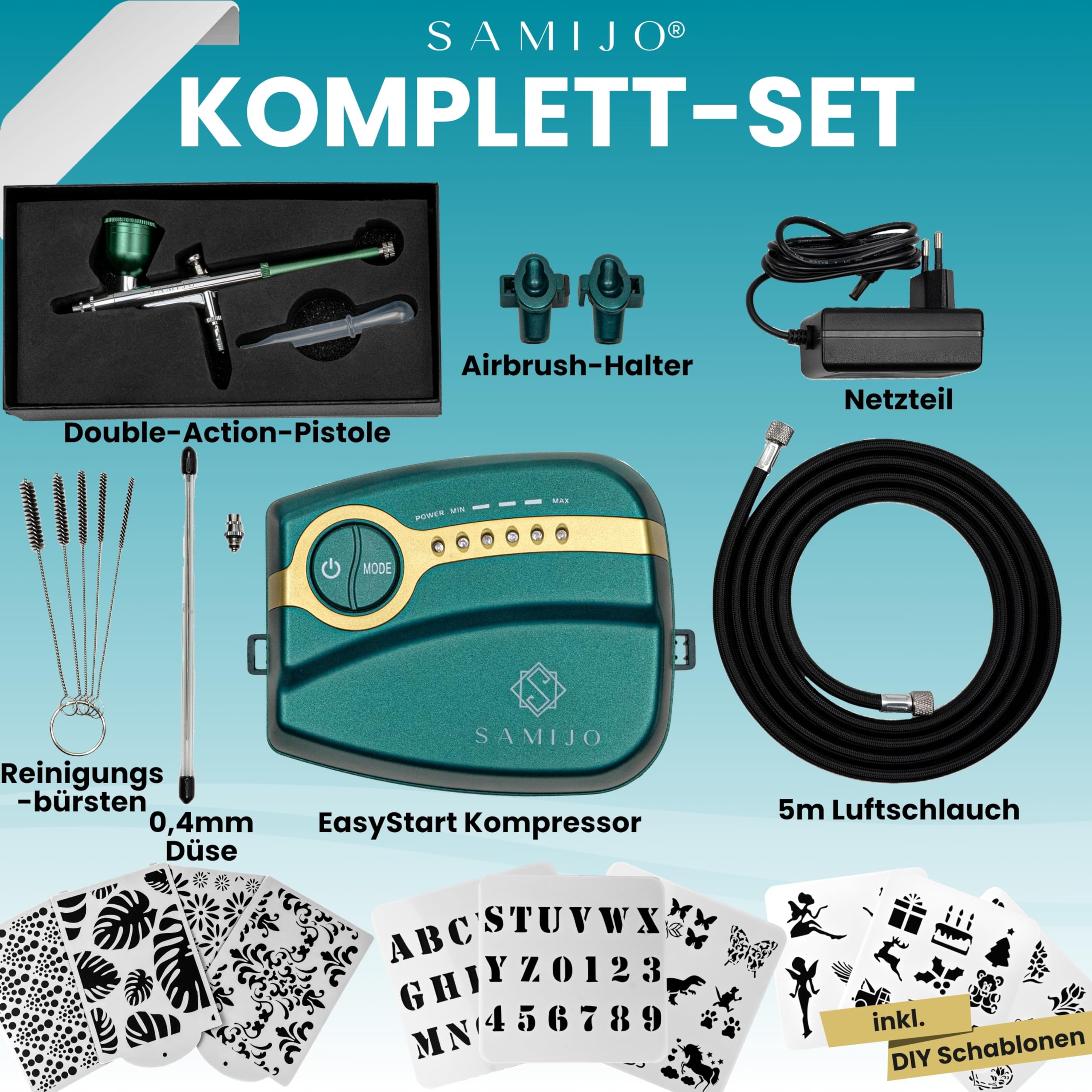 SAMIJO Airbrush Set mit Kompressor, leise, kompakt, vielseitig, Airbrush-Set für Einsteiger, inkl. [DIY SCHABLONEN] Dein Komplettset für Modellbau, Haut, Nails und vieles mehr, eisgrün