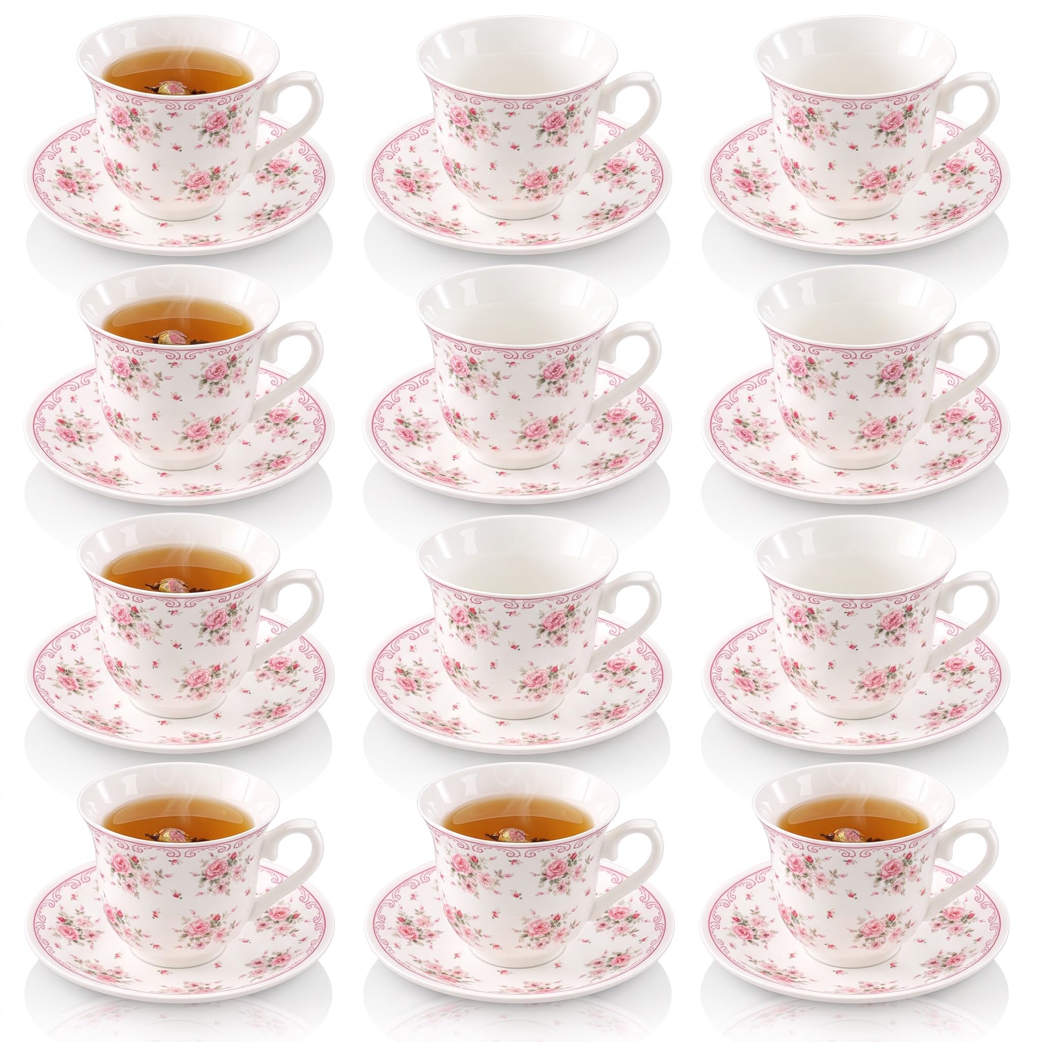 Teenyyou Set of 12 Tea Cups and Saucers, Pink Floral, 7.4 oz