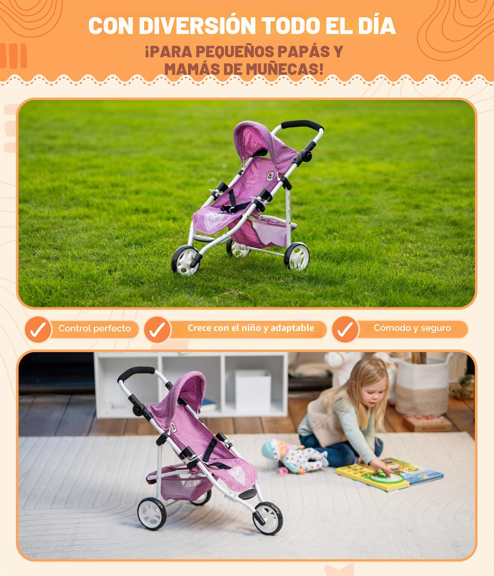 Bayer Chic 2000 - Coche de muñecas Lola, Coche de jogging, Trotar de muñecas, Unicornio, 3-5 años, Azul Marino, Rosa, 70*33*62 cm