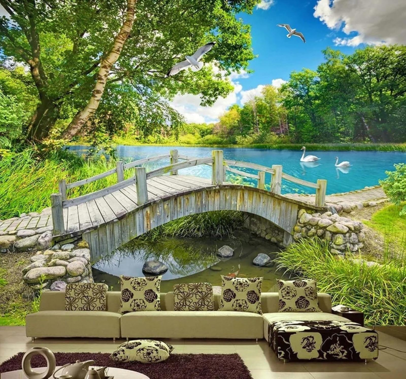 XLMING Beautiful Fresh Small Bridge Lake Natural Landscape 3D Wallpaper Silky Texture Home Study Office Grey Dining Room Sofa Bedroom Living Room TV Backdrop-400cm×280cm