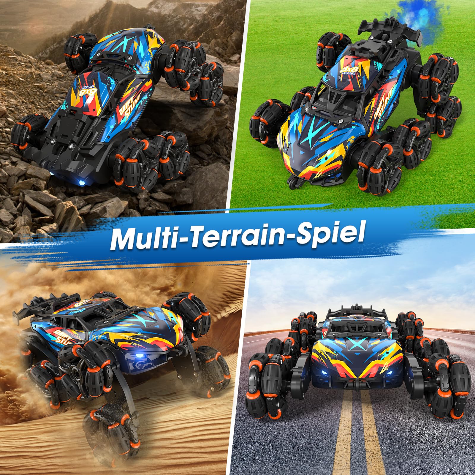 Ferngesteuertes Auto, 8WD RC Drift mit Handsteuerung, RC Stunt mit LED Licht, Musik und Spray, Ferngesteuertes Spielzeug Geschenk ab 3 4 5 6 7 8 9 10 11 12 Jahre Jungen, Coole Auto Kinder Spielzeug