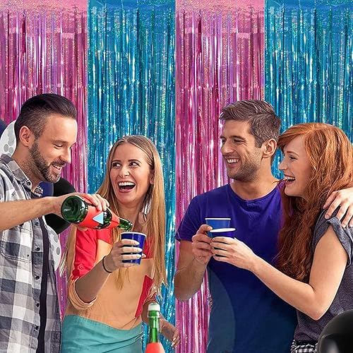 Miniatura 5 de Paquete de 4 cortinas de flecos láser de oropel de 3.2 x 8.2 pies, cortinas de fondo de serpentinas con adhesivo, fondo de cabina de fotos,