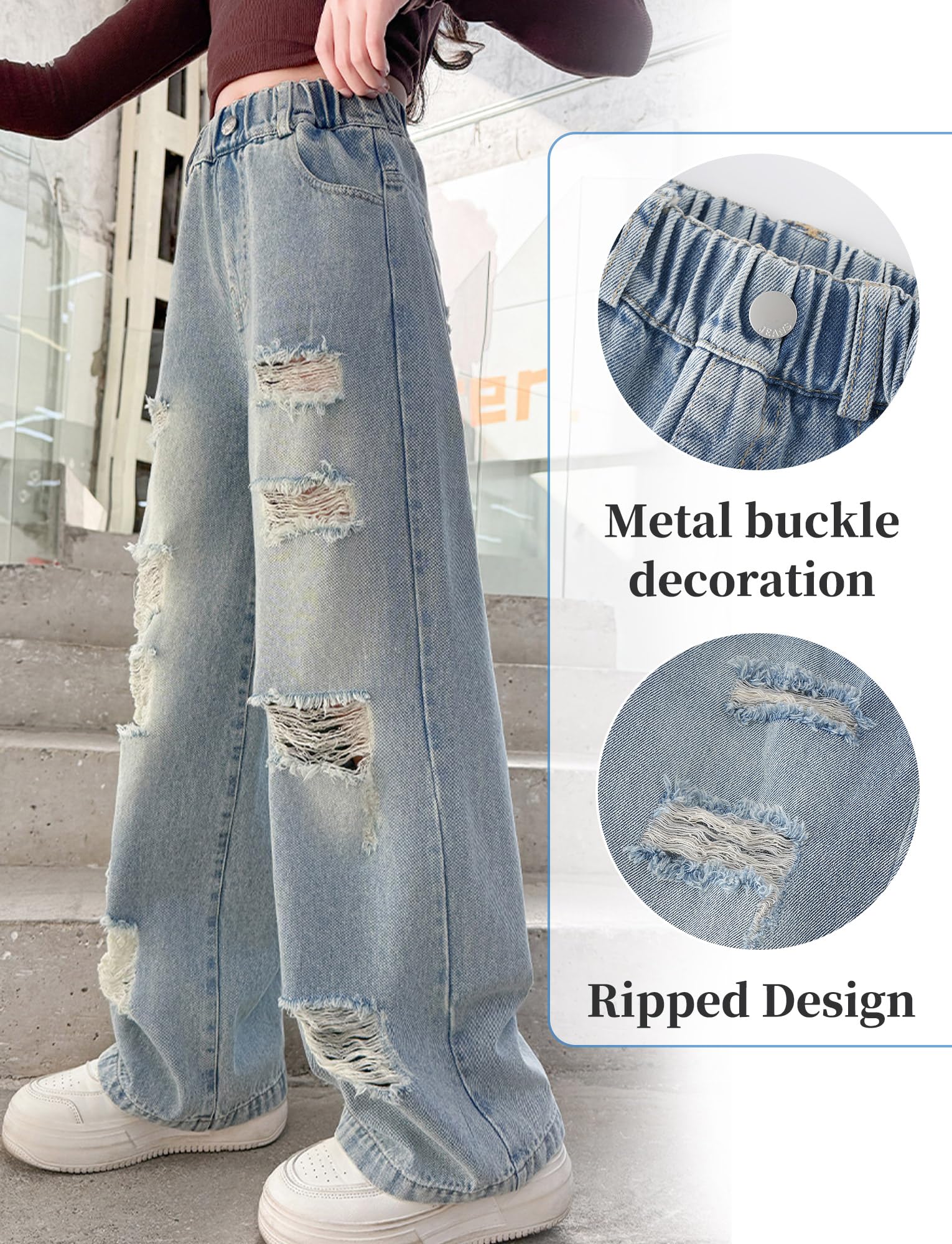 Maeau Jeans per bambini con elastico in vita, gamba larga, strappati, jeans lavati larghi con tasche, 5-14 anni