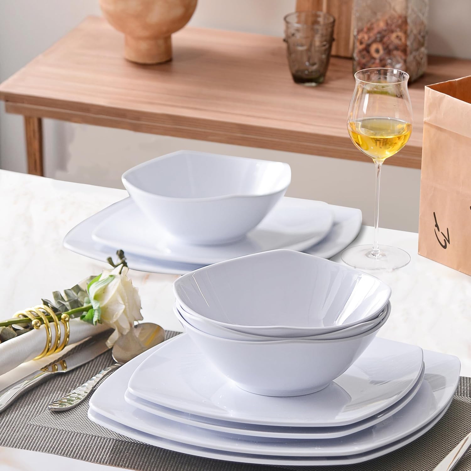 Melamine Dinnerware Sets, Square Dinnerware Sets, White Color Plates and Bowls Sets for 4, Unbreakable Dishwasher Safe BPA Free