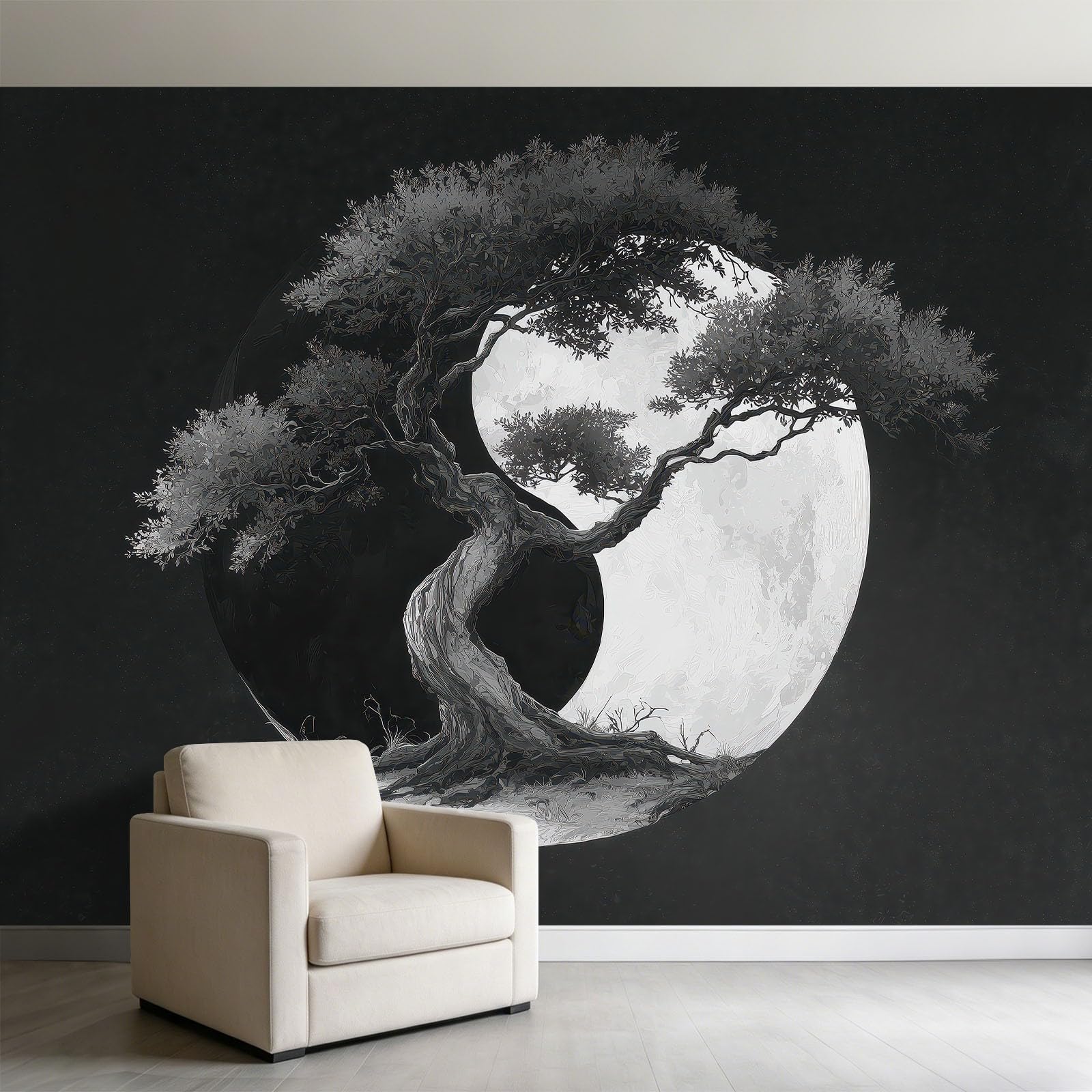 Fototapeta z włókniny Yin Yang drzewo 350 x 256 cm panoramiczna tapeta atramentowa plakat ścienny gobelin do salonu sypialni