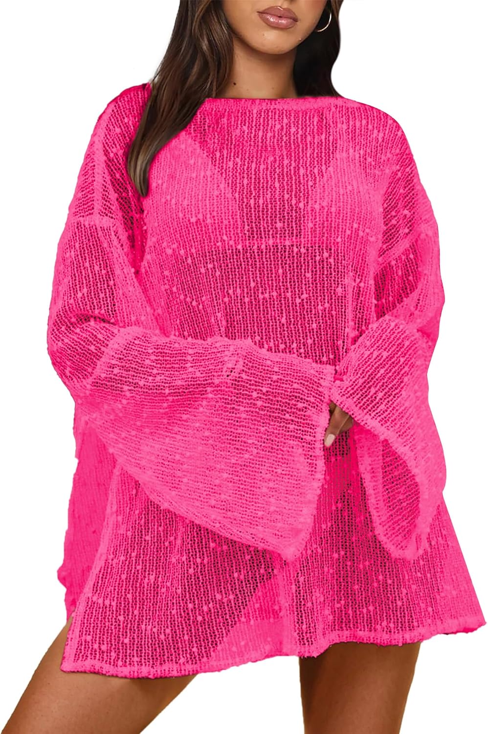 Crochet Swimsuit Coverup for Women Boat Neck Bathing Suit Cover Up 2026 Summer Sexy Beach Caftan Dress