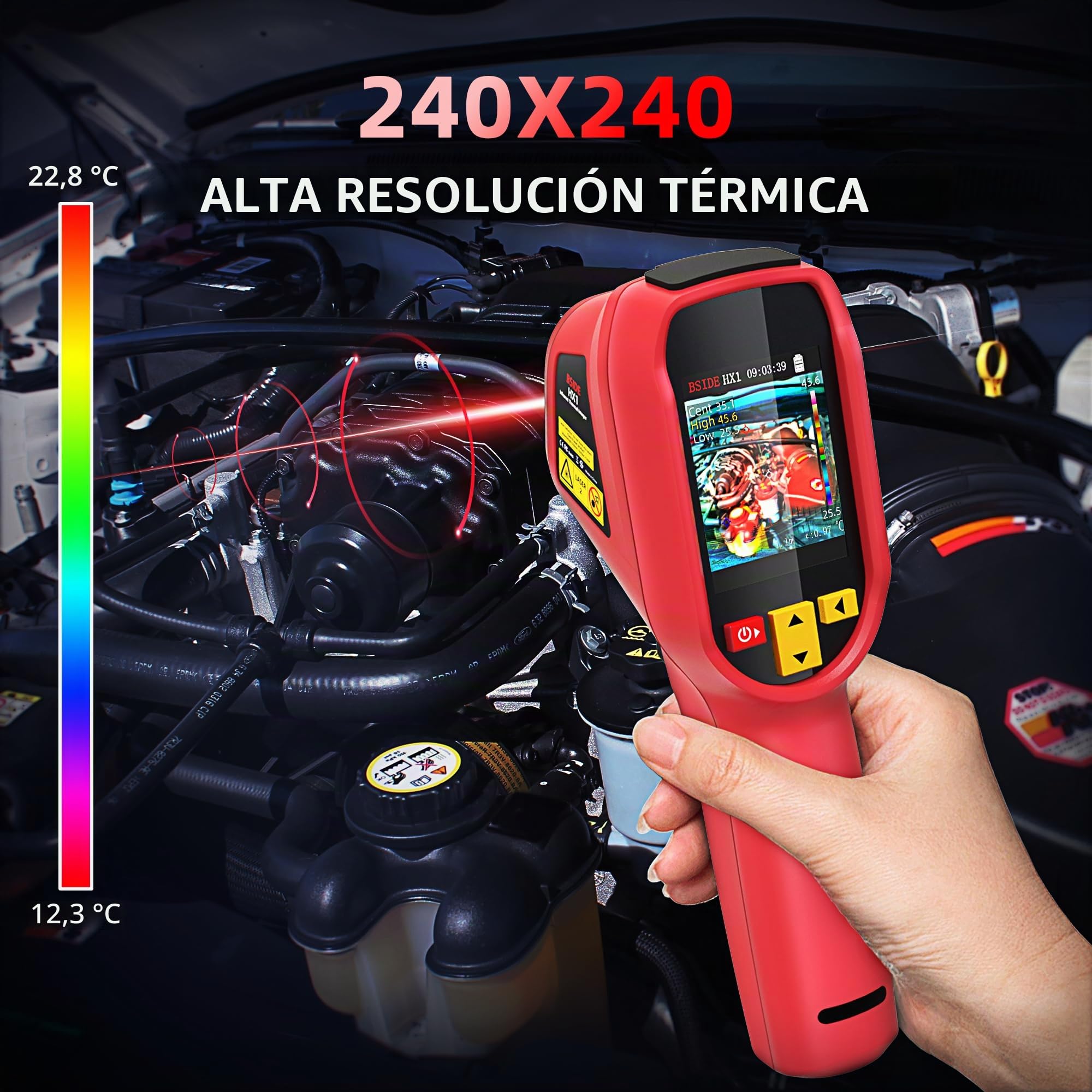 BSIDE Cámara Térmica 240×240 Resolución 15 Paletas de Colores Cámara Térmica Infrarroja -4°F to 1022°F 25Hz Cámara Térmica de Mano Recargable con Puntero Láser 50°FOV para Inspección de Viviendas HVAC