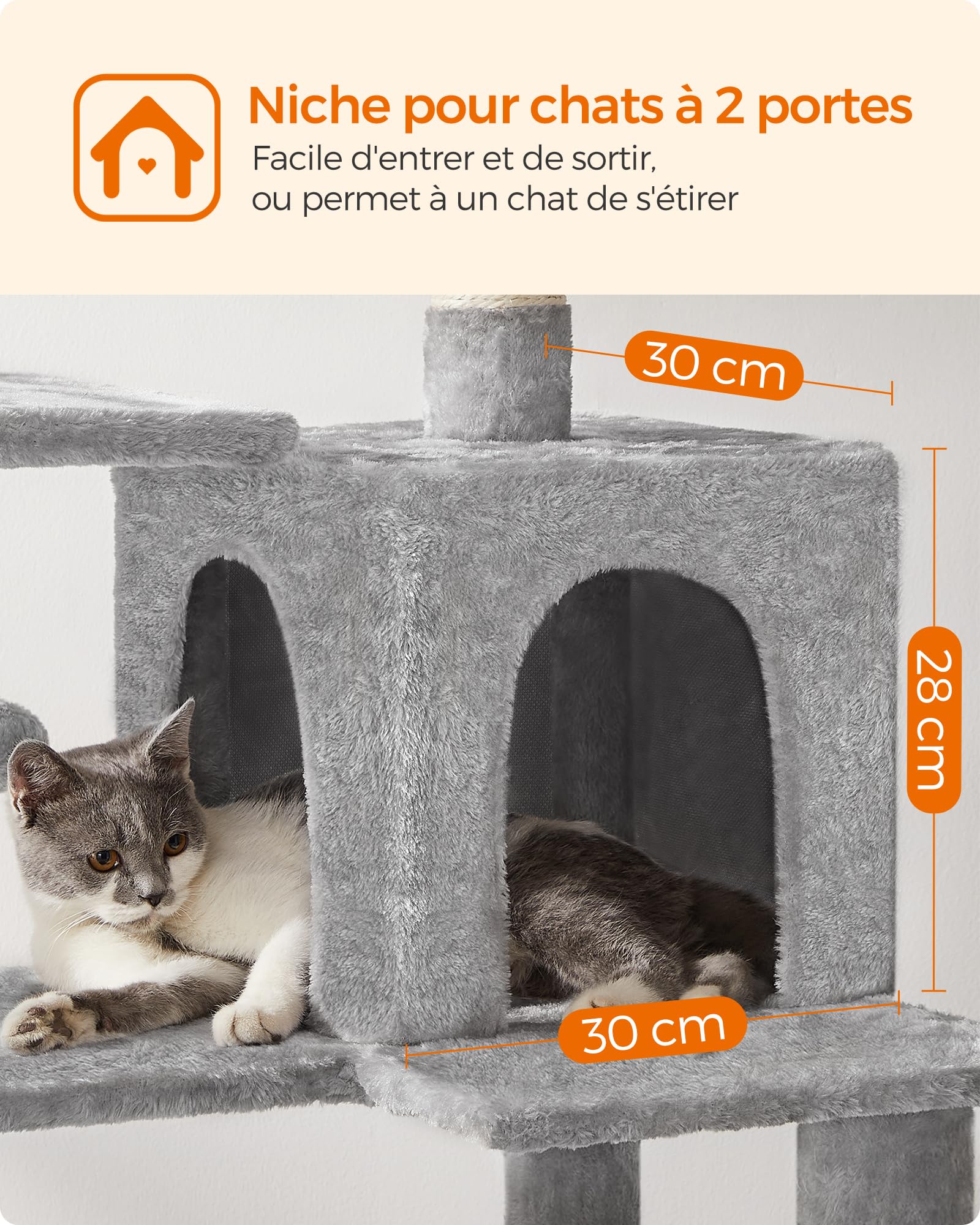 Feandrea Arbre à Chat Hauteur 143 cm, Tour de Jeux pour Chats, avec 4 Poteaux à Griffer, 2 Plateformes, 1 Niche, 1 Hamac, 2 Pompons, en Tissu Peluche, Multi-Niveaux, Gris Clair PCT161W01