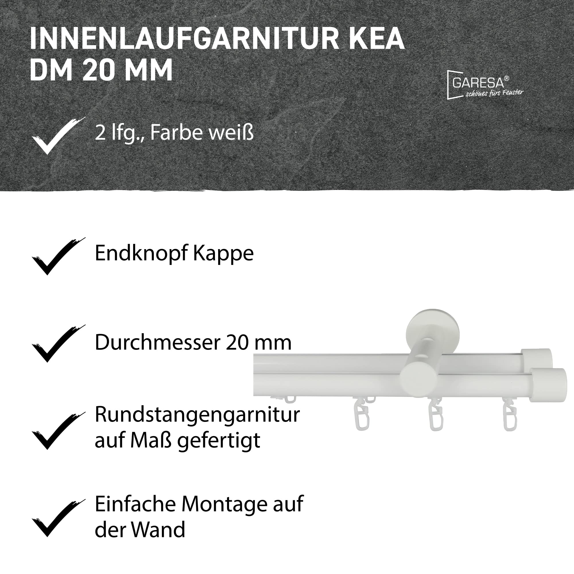 Garesa Gardinenstange Kea Ø 20mm, 2-läufig, Weiß I Aluminium Vorhangstange inkl. Gleiter I Endknopf Kappe I Für mittelschwere Vorhänge I 220cm