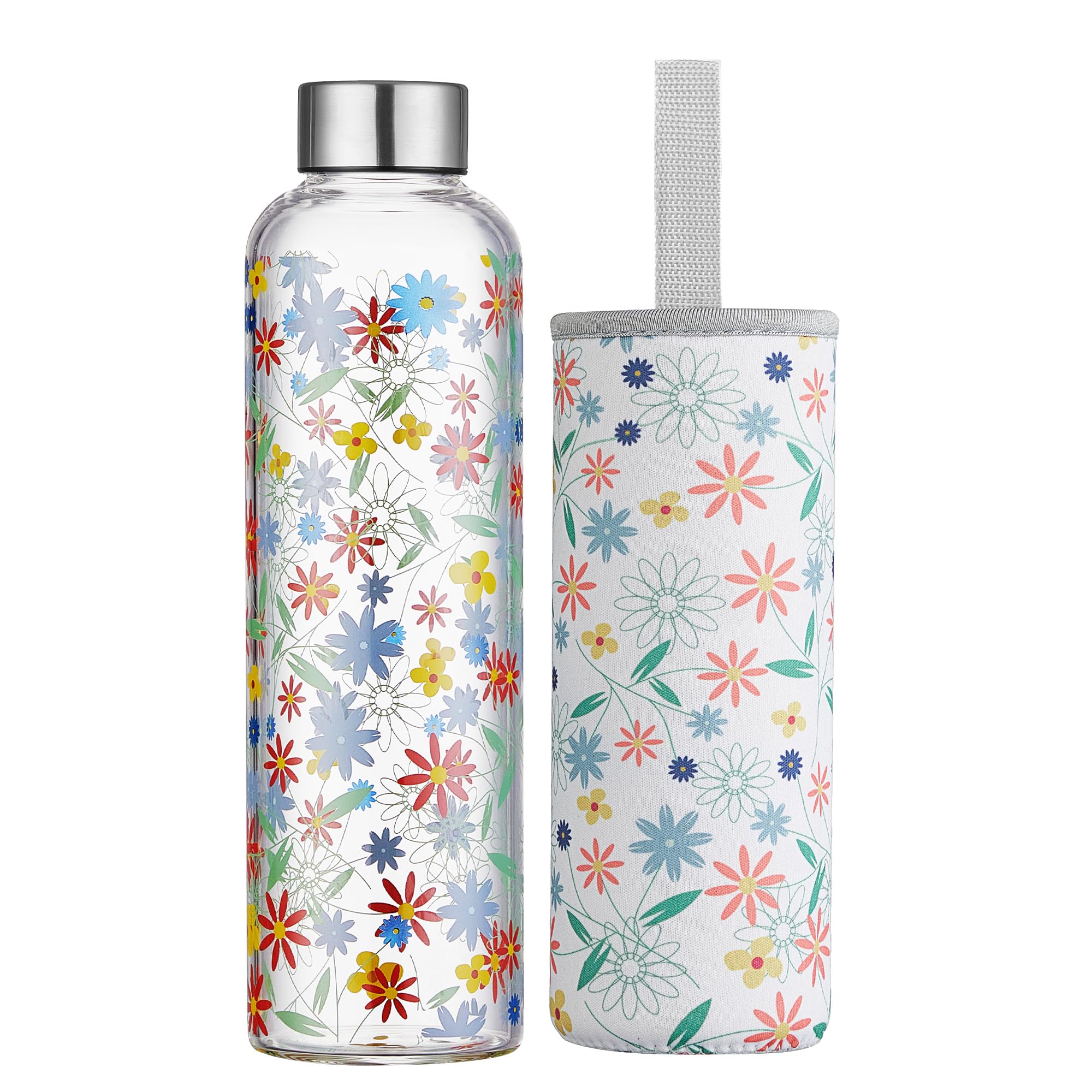 Autsel Glass Water Bottle 1000ml Artistic Glass Drinking Bottle with Lid Leak Proof Borosilicate Water Bottle with Protection Sleeve