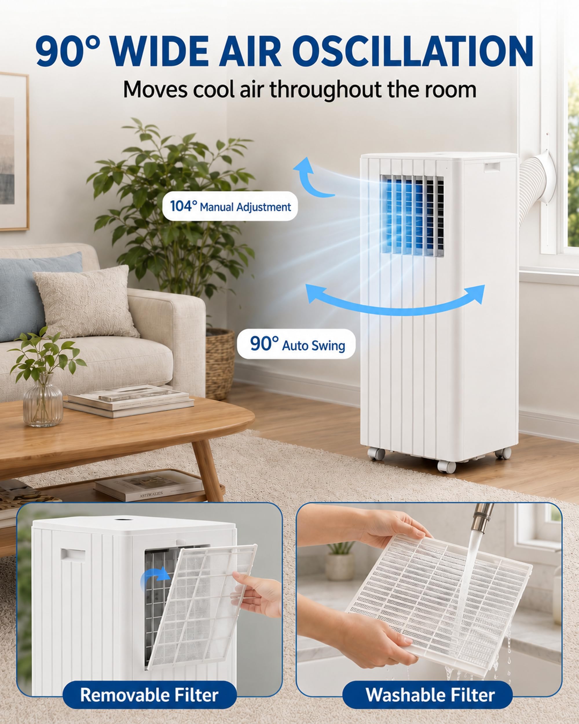 Climatiseur mobile, 8000 BTU, refroidit la pièce jusqu'à 350 mètres carrés, unité AC 3 en 1 avec mode déshumidificateur et ventilateur, télécommande, ultra silencieux 48 dB, blanc et
