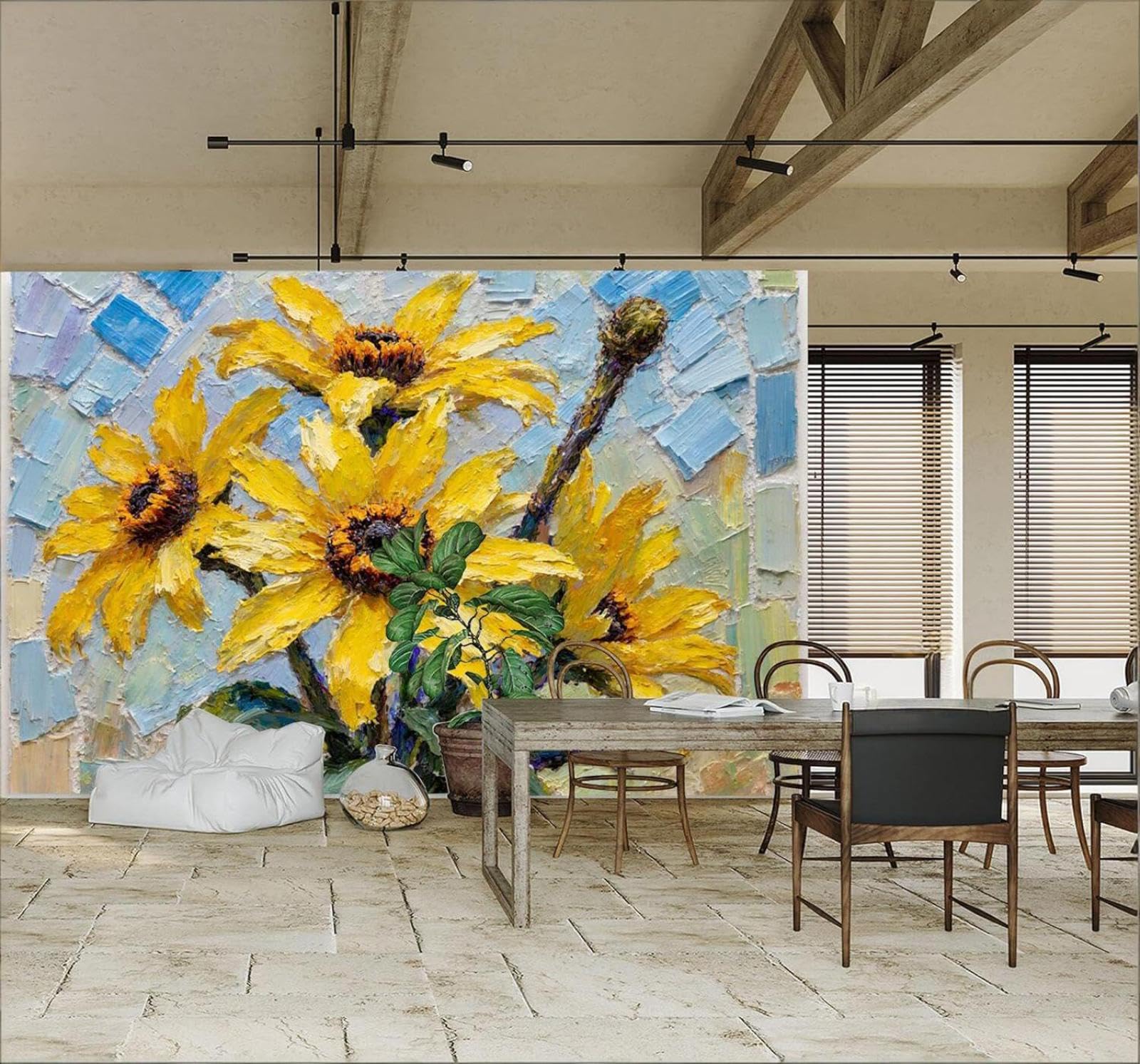 XLMING Hand Drawn Yellow Sunflower Floral Art 3D Wallpaper Silky Texture Home Study Office Grey Dining Room Sofa Bedroom Living Room TV Backdrop-350cm×256cm