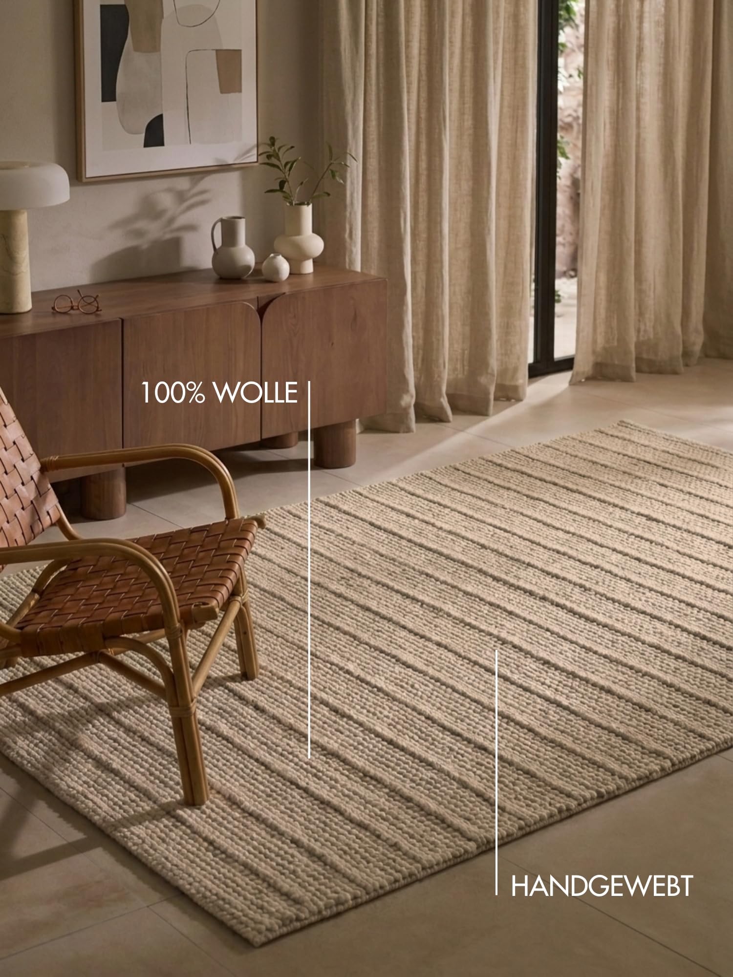 Ted Baker Wollteppich Parker - Natürlicher Wohnzimmerteppich, 100% Wolle, Handgewebt & Zeitlos, Naturfaser Teppich Gestreift Skandi für Wohnzimmer, Schlafzimmer, Esszimmer – Beige, 80x150 cm