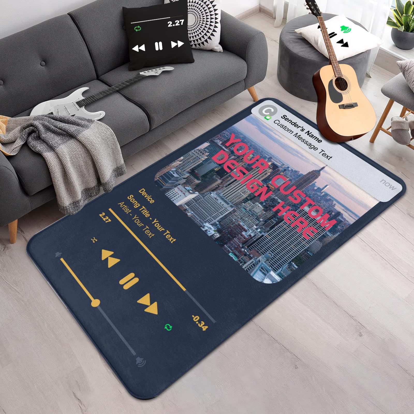 Custom Rug Music Decor Area Rug for Bedroom Living Room with Your Favorite Album or Song, Non-Slip Floor Mat Carpet Home Decor Rugs, Gift for Music