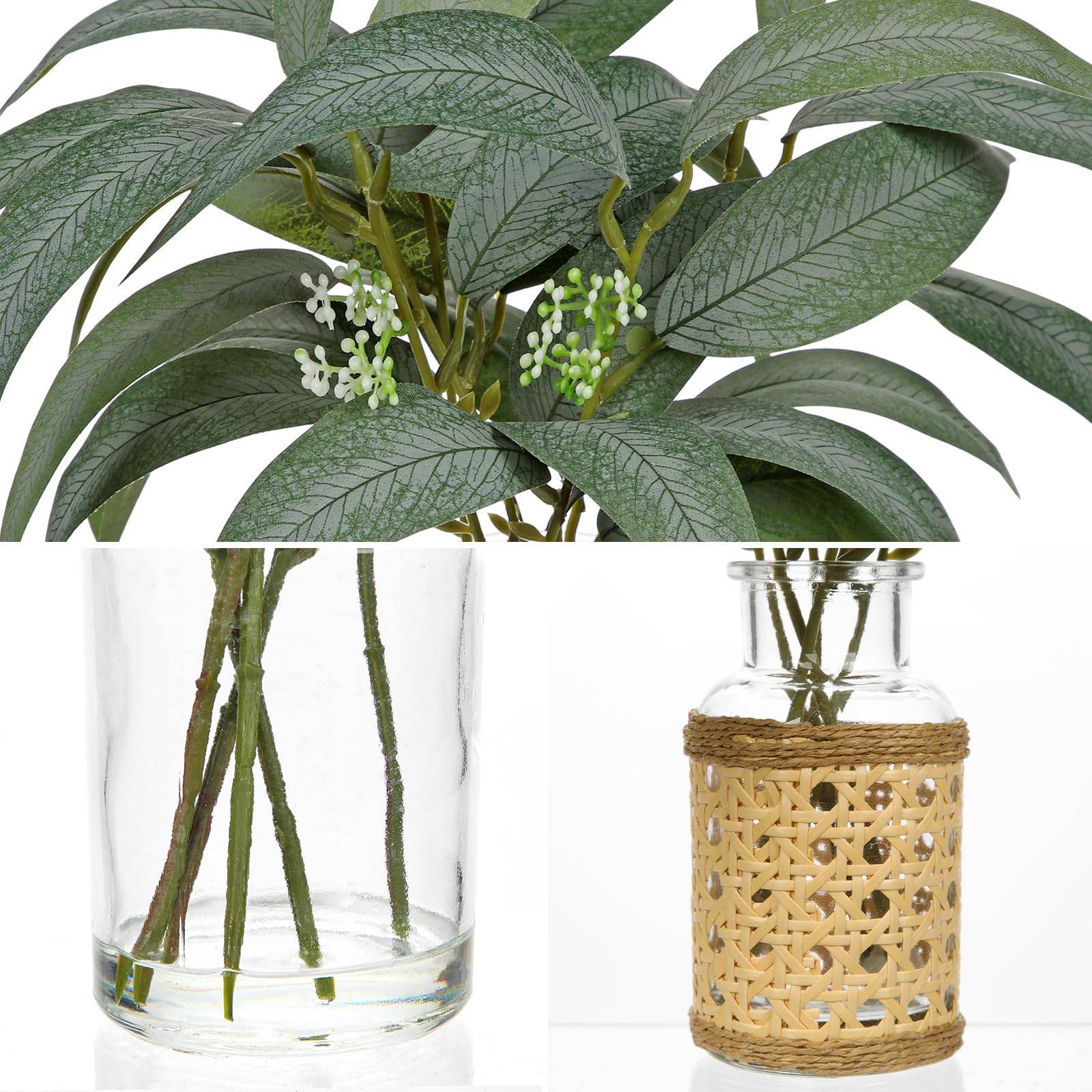 Lot de 2 tiges d'eucalyptus artificielles dans un vase en verre avec eau synthétique et panier tissé de 27,9 cm - Feuilles d'eucalyptus artificielles pour maison, bureau, ferme, chambre à coucher,