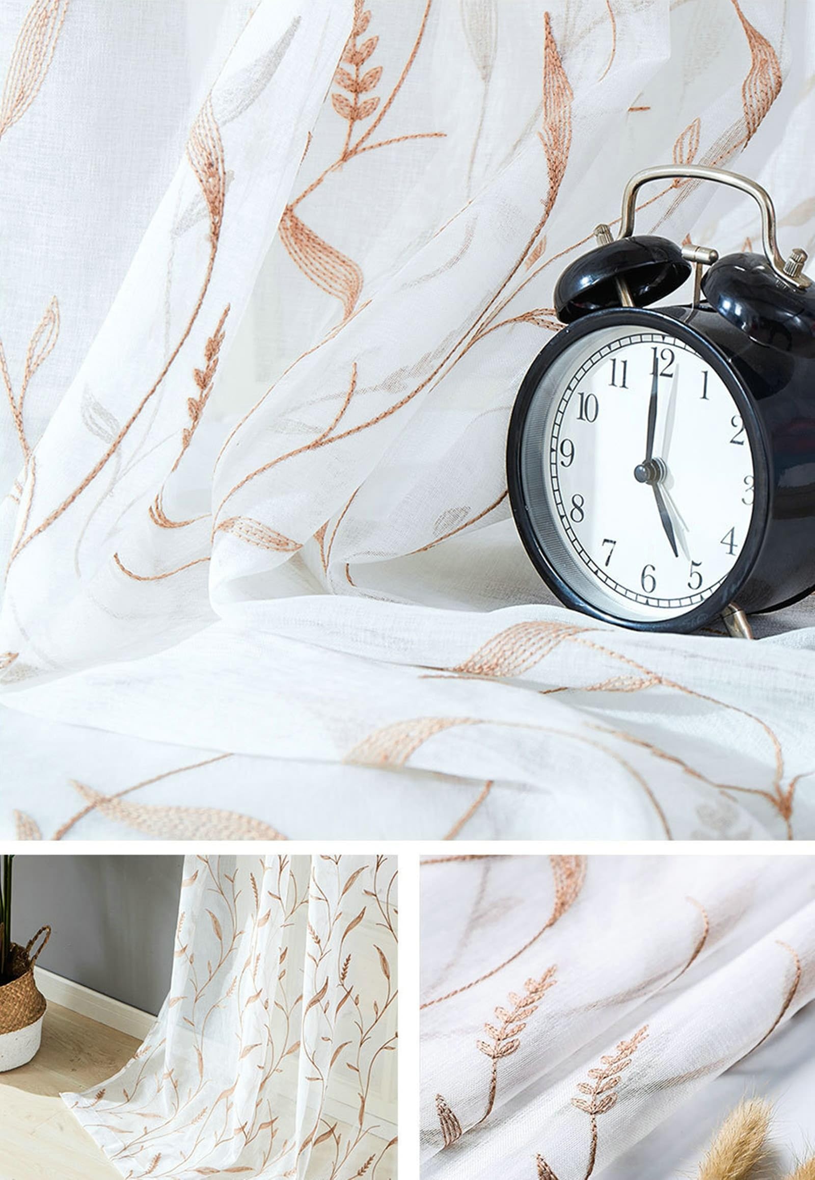 Beige und Weiß Vorhänge 2 Stück, Polyester Transparente Voile Vorhänge Blumen Bestickt Moderne Rod Tasche Kurz für Schlafzimmer, H244 x B132 cm