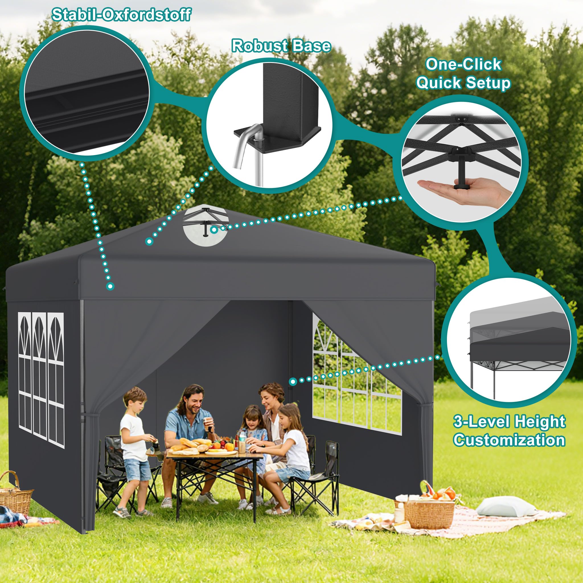UISEBRT Tonnelle pop-up 2,5 x 2,5 cm, étanche, stable, résistante à l'hiver, anti-UV, pliable, avec 4 panneaux latéraux, verrouillage centralisé à un bouton, 3 hauteurs réglables 240 à 260 cm, pliable
