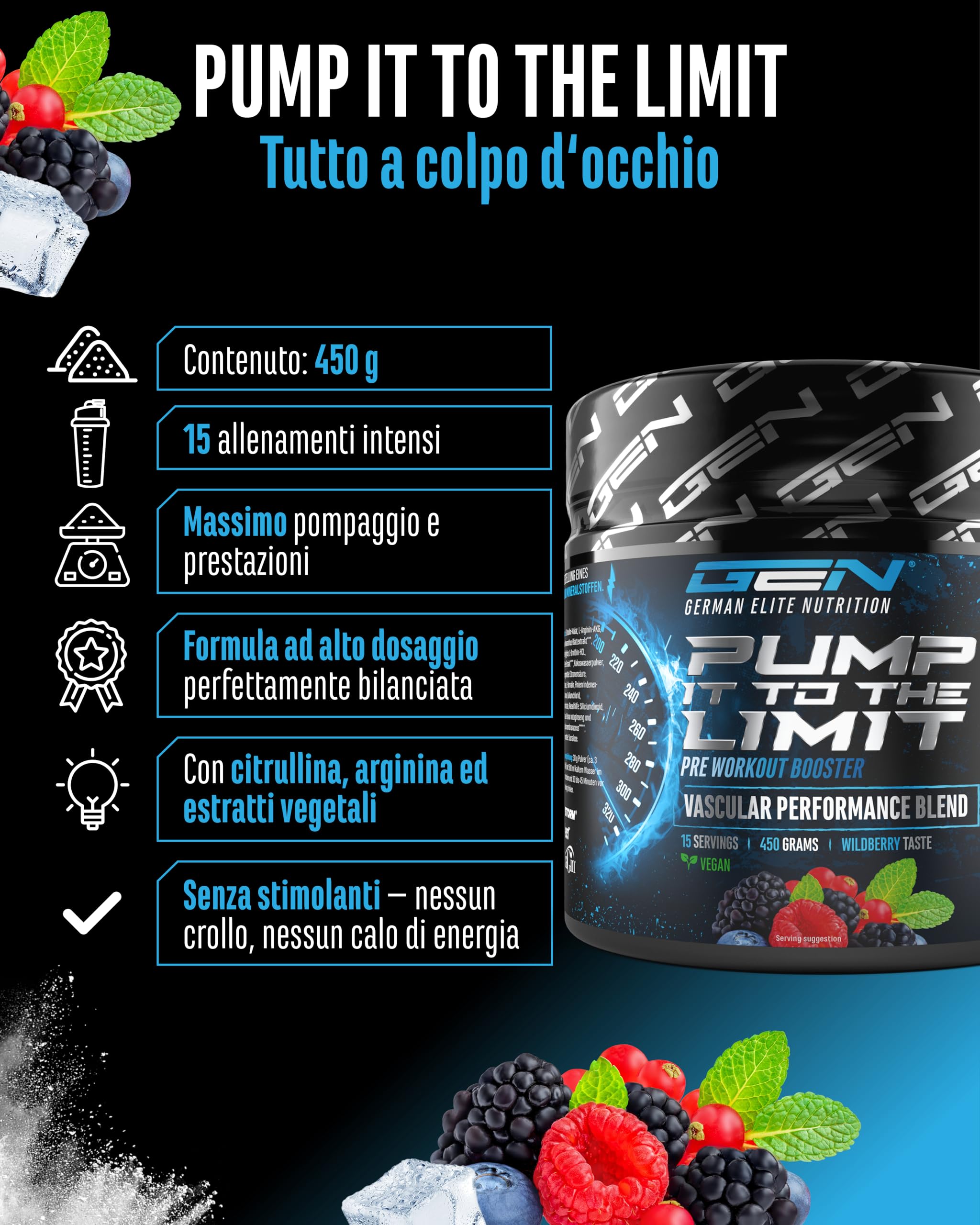 Pump it to the Limit - Pump Booster Senza Caffeina - Con OxyStorm®, Sabeet®, AstraGin®, Citrullina Malato e AAKG - Pre Workout Senza Stimolanti per il Massimo Pump - 450 g Wildberry