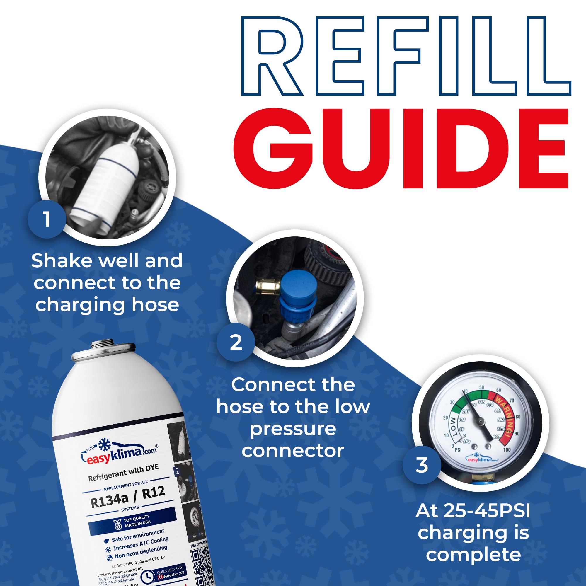 EasyKlima AC Aufladekit Starter Pack mit LeakStop - Air Con Gas, Schlauch mit Manometer - Einfaches, Schnelles Klimaanlagen-Reparatur- und Regas-Kit für Fahrzeuge der Baujahre 1995 bis 2016
