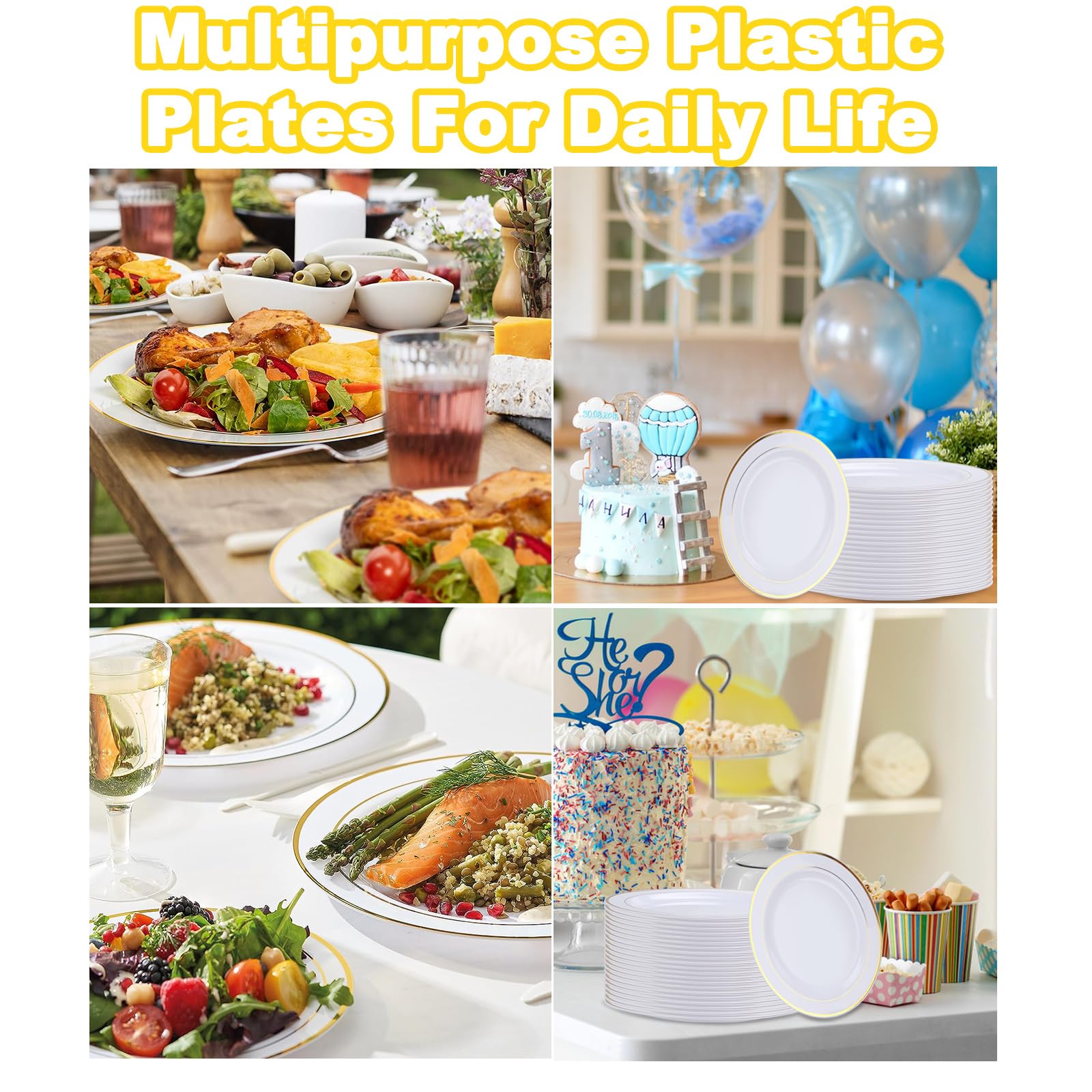 40er-Set 26cm Weiße Plastikteller, Mehrweg Kunststoffteller, Plastikteller Mehrweg, Partyteller Partygeschirr Plastikgeschirr, Partyteller mit Goldrand für Hochzeiten, Geburtstage, Partys