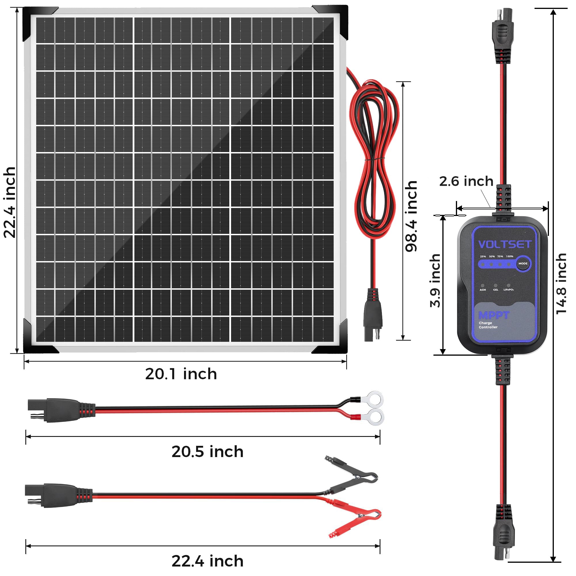 Voltset Kit de panel solar de 50 W y 12 V con controlador MPPT, cargador de batería solar, panel solar impermeable con soporte de montaje ajustable para barco, caravana, motocicleta, marina