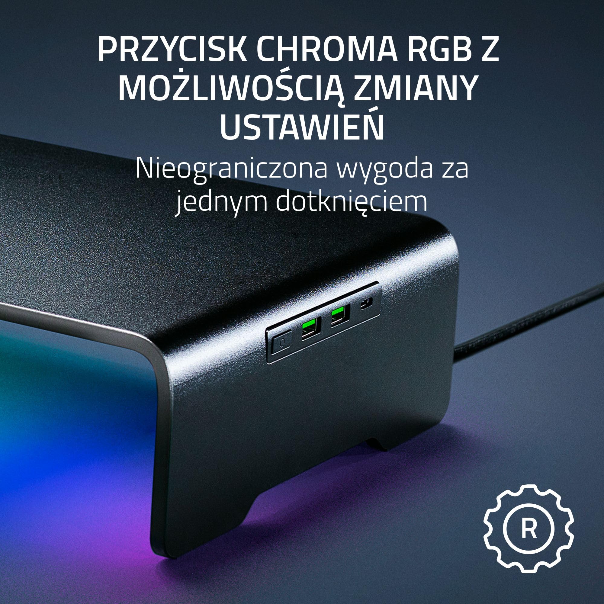 Razer Monitor Stand Chroma - Aluminiowy stojak na monitor z 4-kierunkowym hubem USB-C z Chroma RGB (50 cm x 21 cm x 7,85 cm, solidna konstrukcja, nośność 20 kg, ergonomiczna wysokość) Czarny