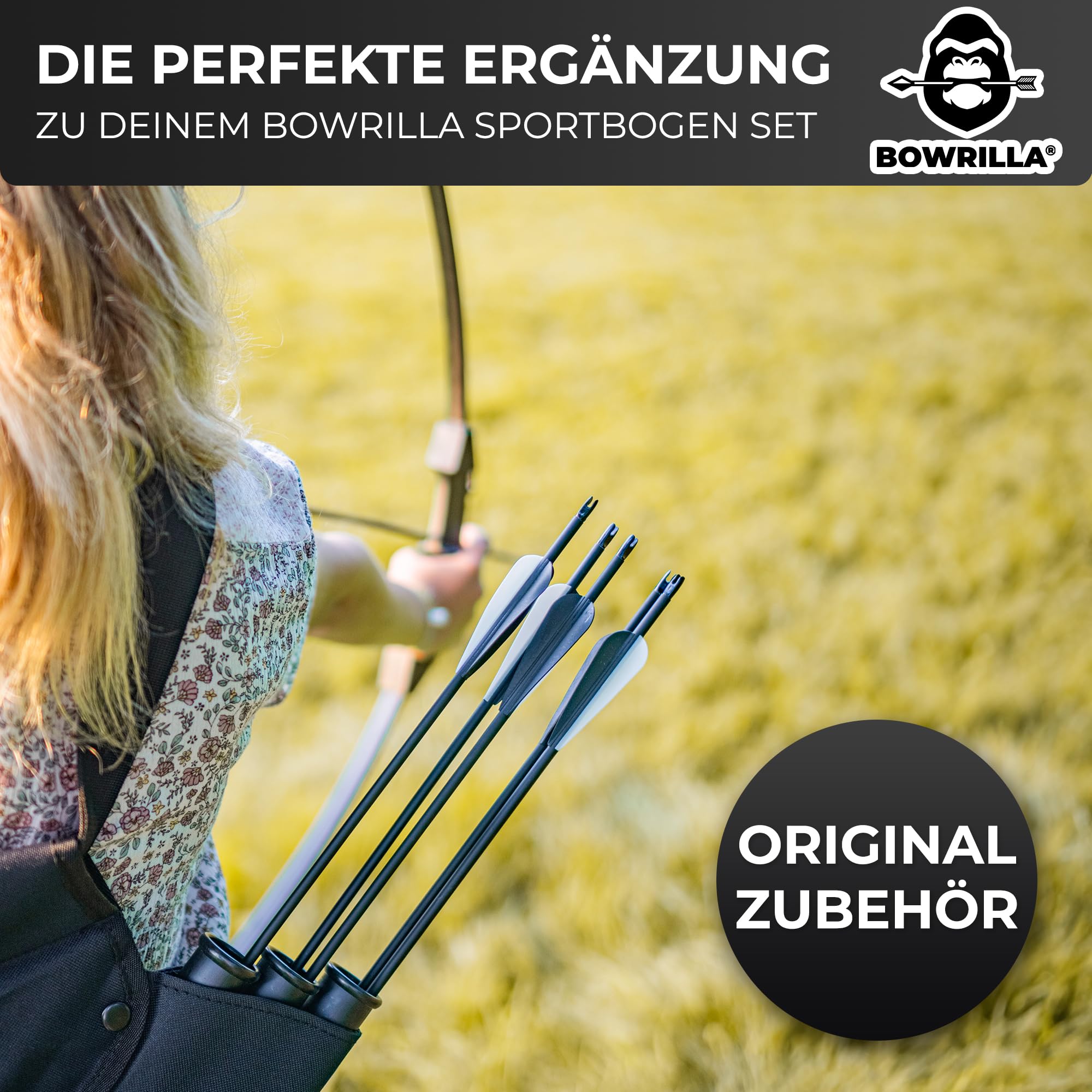 BOWRILLA® 6er Pack Ersatzpfeile für Kinder und Einsteigerbögen bis 20 lbs | Pfeile für Bogenschießen Kinder, 1200 Spine, ID4.0mm, 3 Zoll Kunststoff Vanes und justierbaren Stecknocken