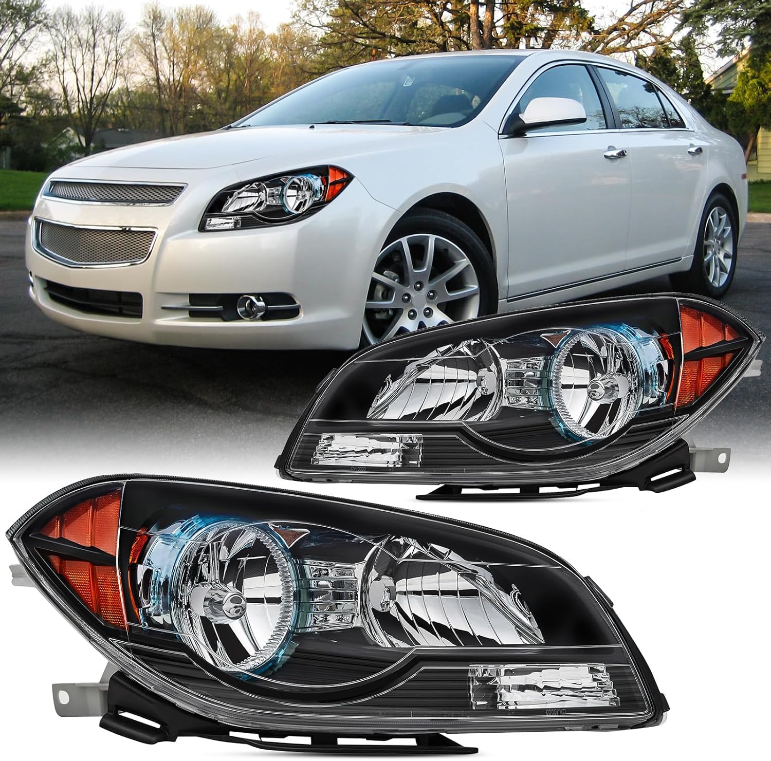 2PCS Headlight Assembly Set For 2008 2009 2010 2011 2012 Chevy Malibu LT LS LTZ Hybrid Sedan Replacement Headlamps Black Housing Amber Reflector Driver and Passenger side GM2502307 GM2503307