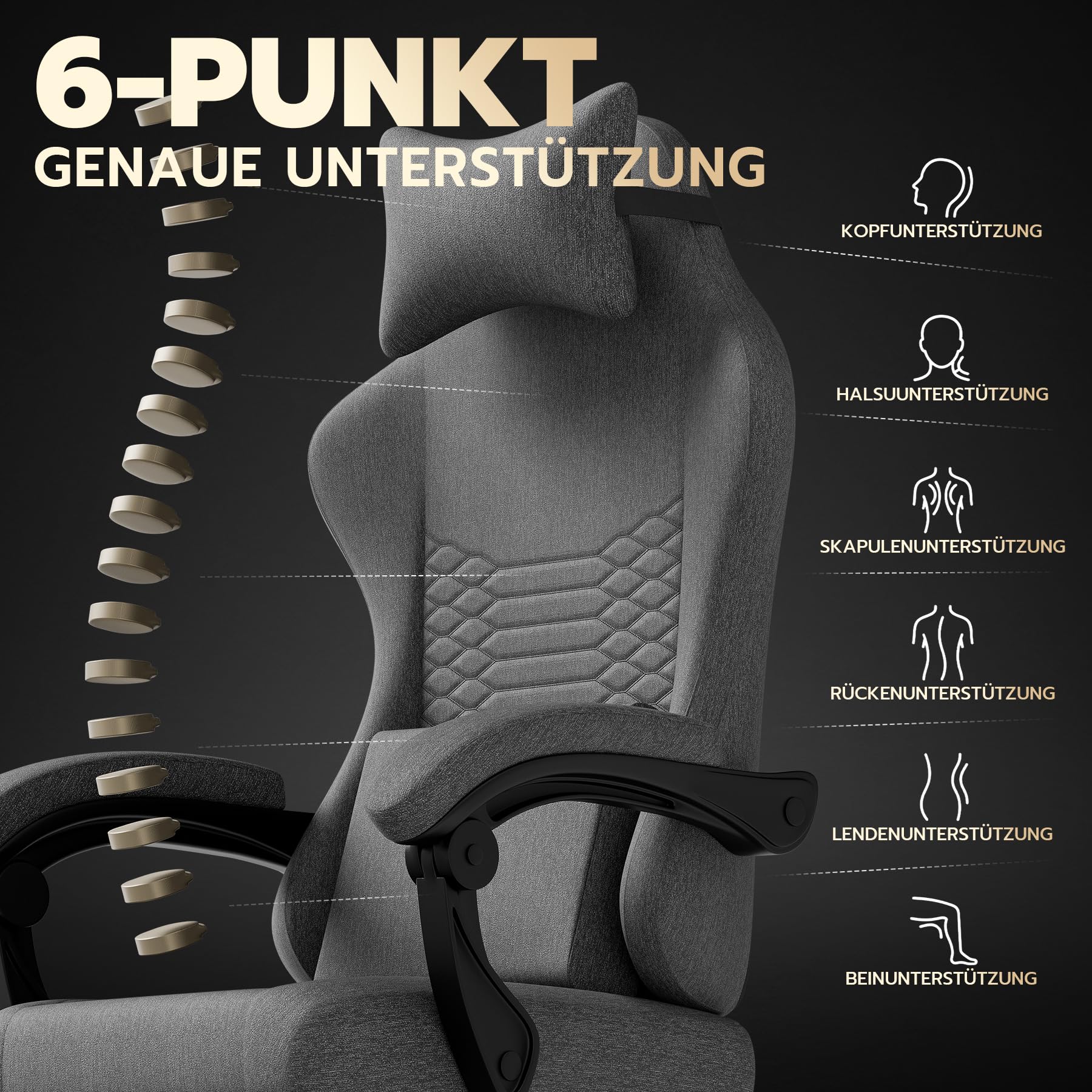 Fotel gamingowy z materiału z funkcją masażu i zagłówkiem – ergonomiczne siedzisko dla graczy z wysuwanym podnóżkiem, wygodne krzesło biurowe, ciemnoszare