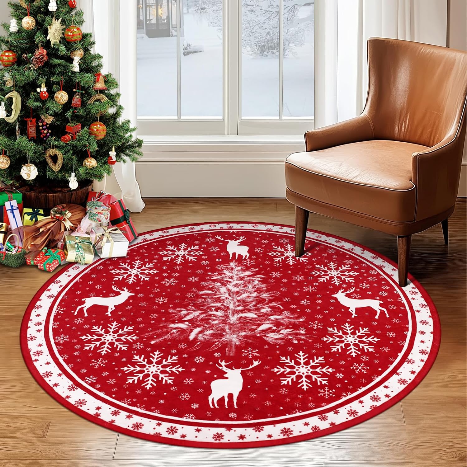 Christmas Round Area Rug 6ft, Washable Non Slip Low Pile Circle Rug for Fireplace Living Room Bedroom, Holiday Christmas Carpet for Indoor Decor, Snow Red