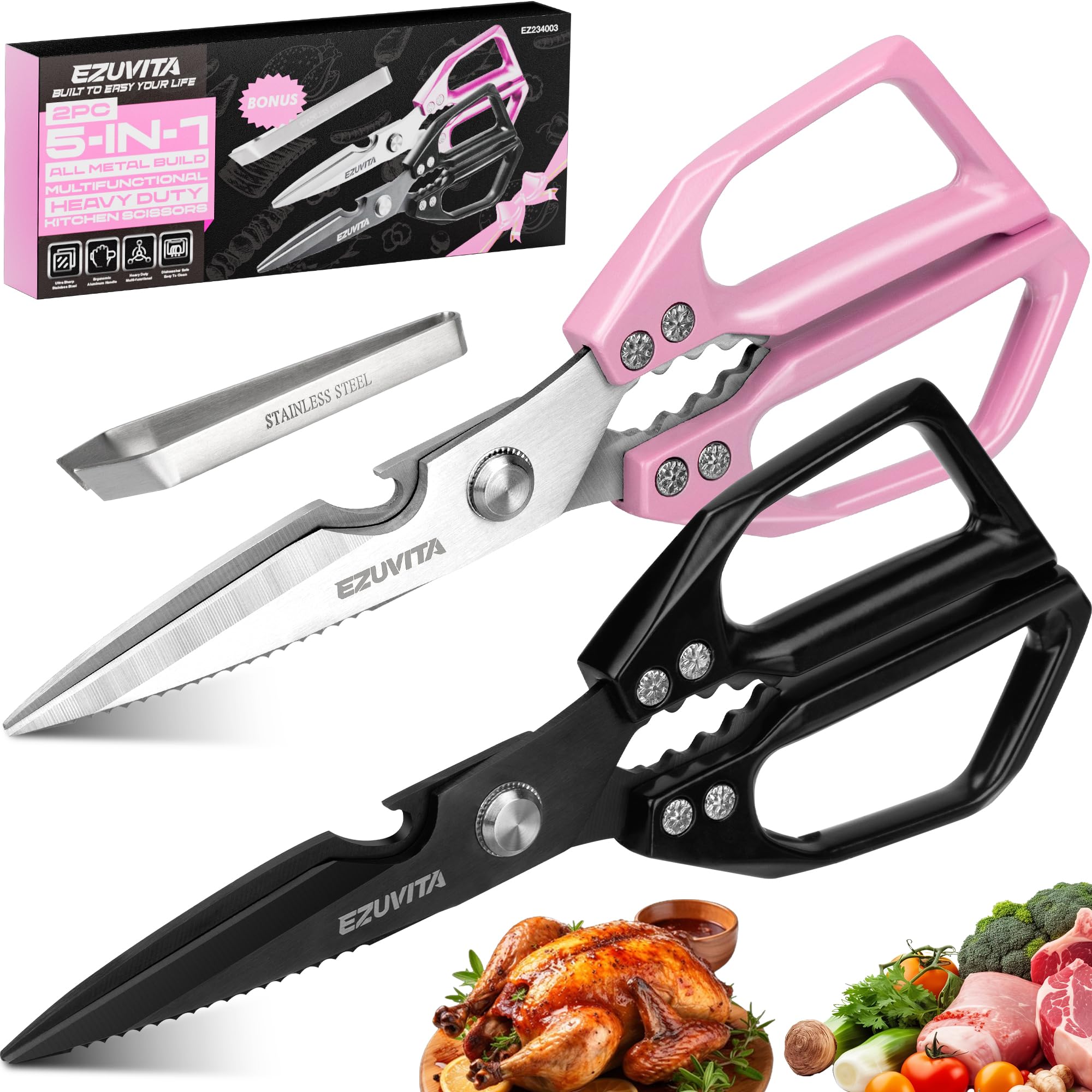 EZUVITA 2PC 5-in-1 Multifunctional Heavy-Duty Korean Kitchen Scissors Set, All Purpose Kitchen Shears with Stainless Steel Blades, Bone Cutting