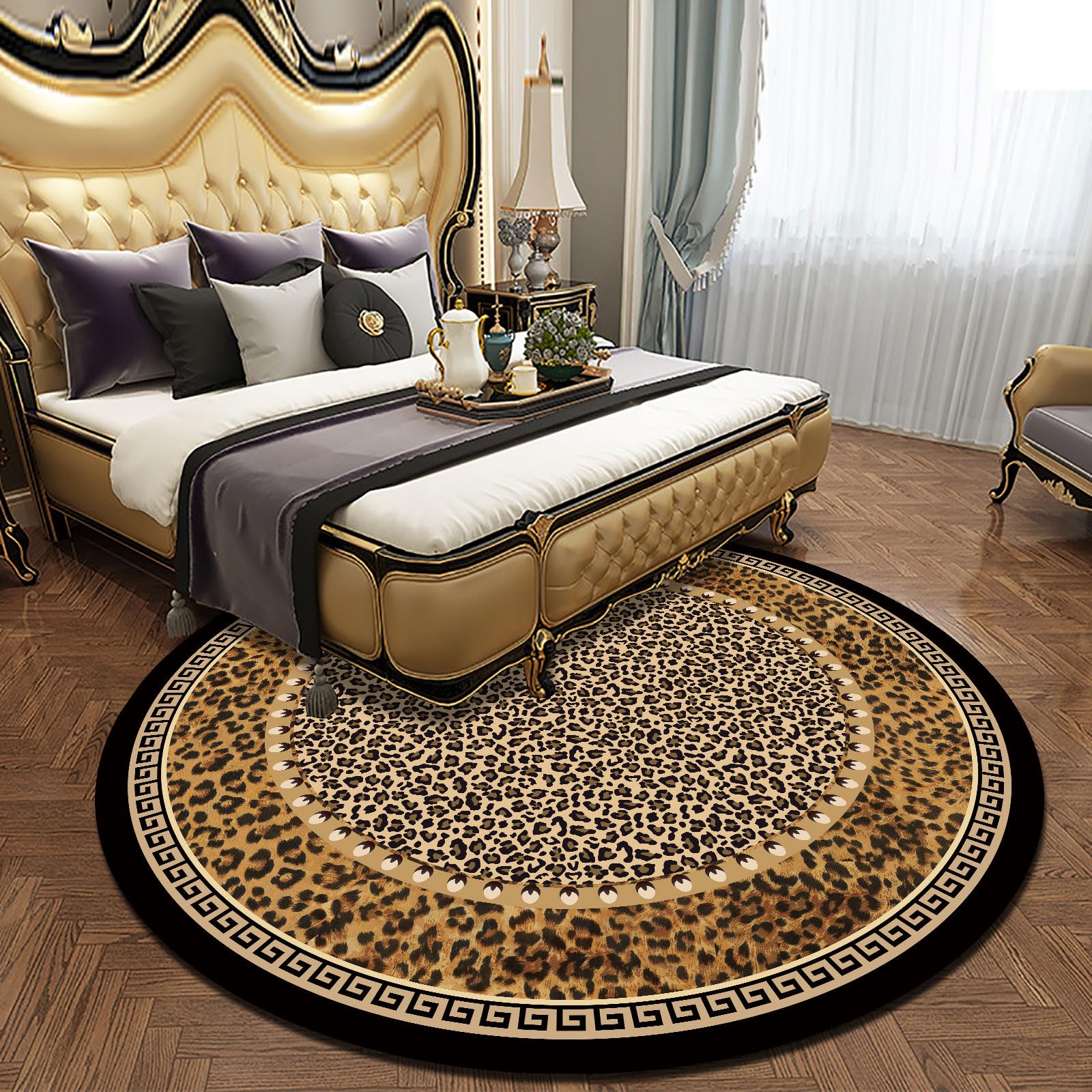 GUGJHFVH Round Large Living Room Rugs ø 180 cm Soft Bedroom Area Rugs Short Pile Non Slip Dining Room Carpet Retro Leopard Print Stitching Brown